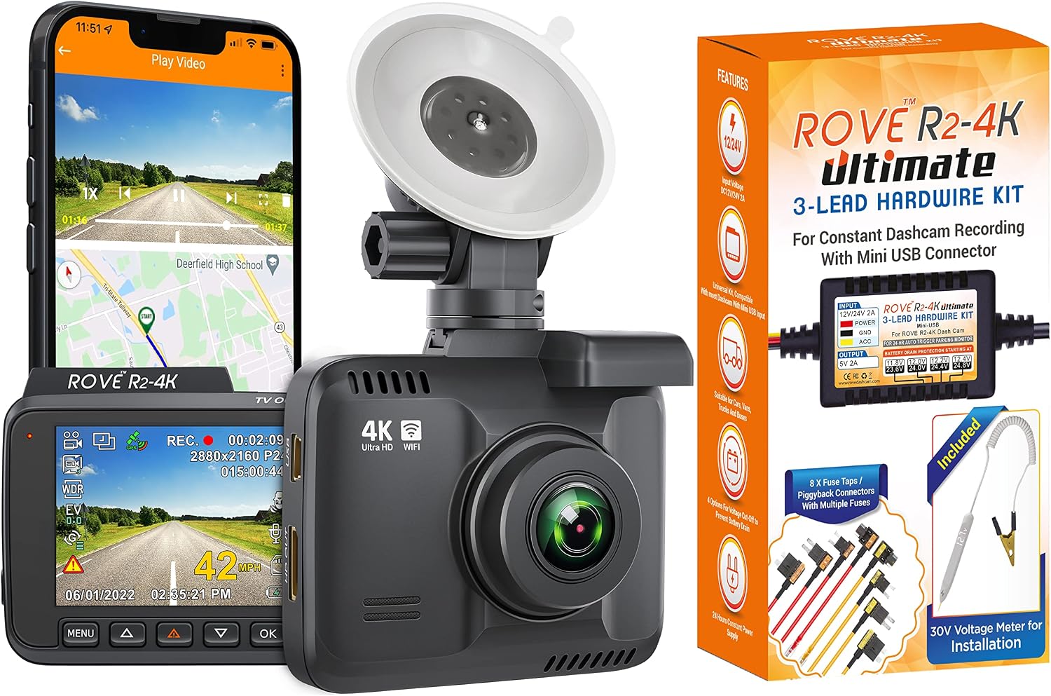 ROVE R2-4K Dash Cam and ROVE Ultimate Hard Wire Kit Bundle