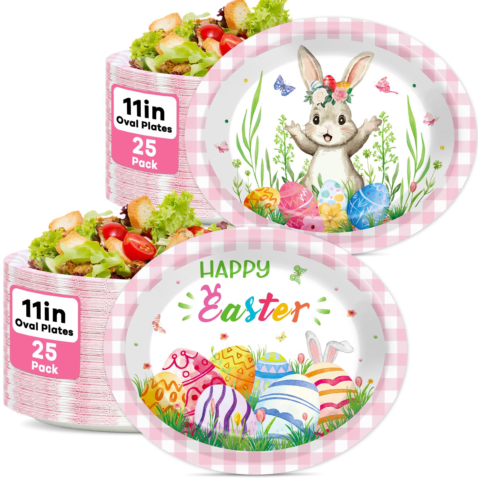 Wiooffen 50Pcs Easter Oval Party Plates Easter Bunny Egg Oval Paper Plates Tableware Pink Plaid Serving Dish Trays Platters for Spring Baby Shower Wedding Birthday Party Table Decor Supplies 50 Guests