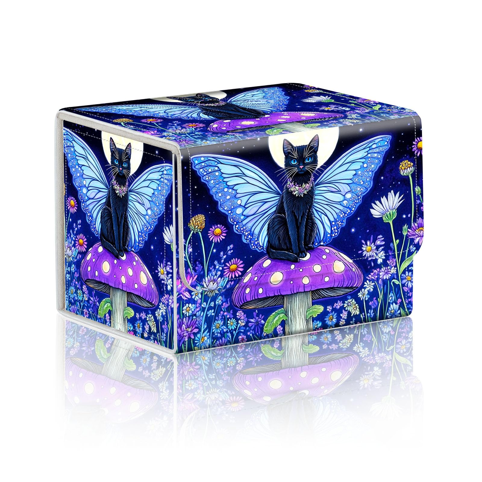 DISUOFEART Trading Card Storage Box, Holds 100+ for MTG Cards, Premium PU Leather with Magnetic Closure, Black Cat with Fairy Wings Durable Deck Box for Magic the Gathering, Trading Card Games