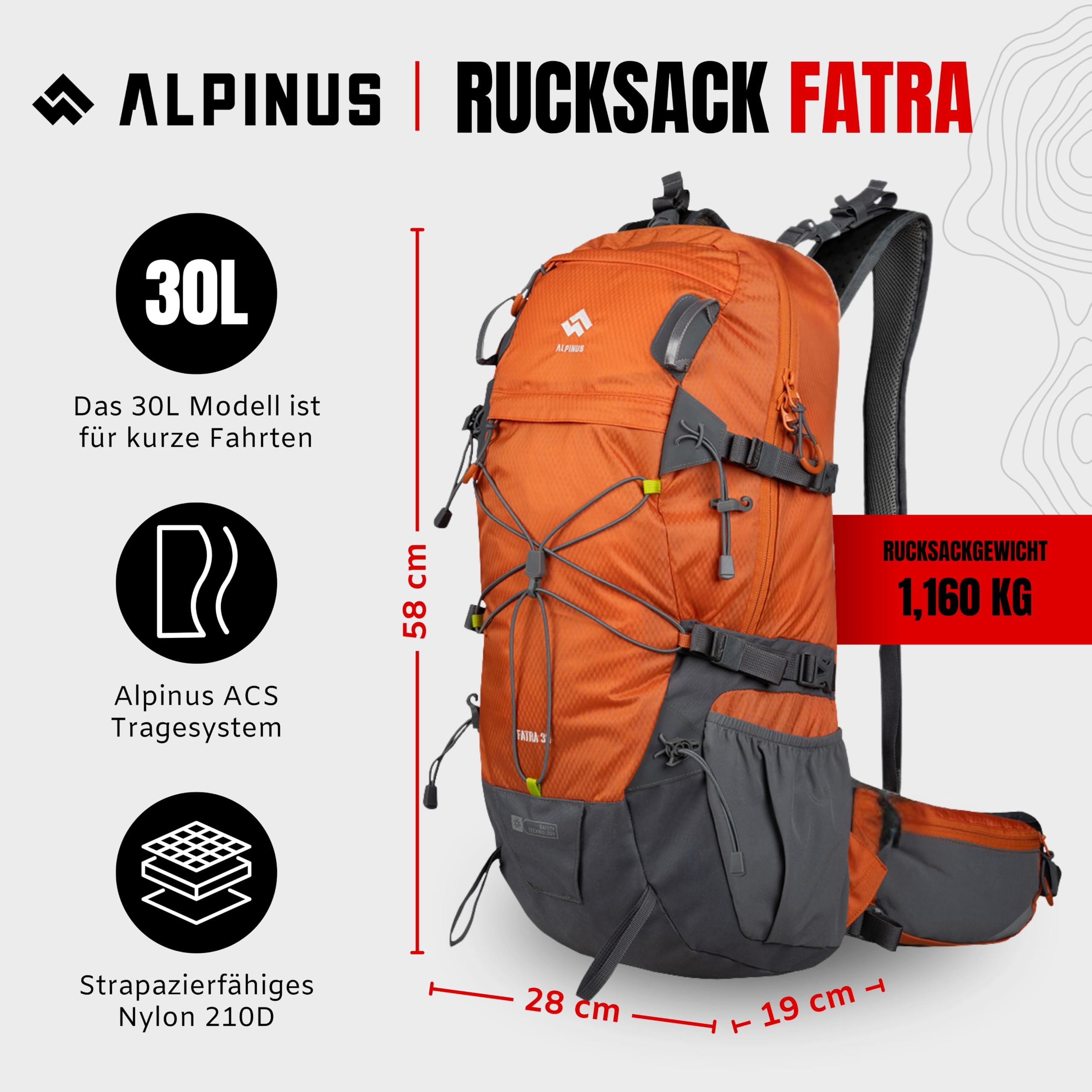 Alpinus - Wanderrucksack Fatra 30 L, Rucksack Sport und Outdoor, Trekkingrucksack Leichtes,Ttaktisches Modell, Backpacking Ergonomisch Geformte, Wanderrucksäcke - orange