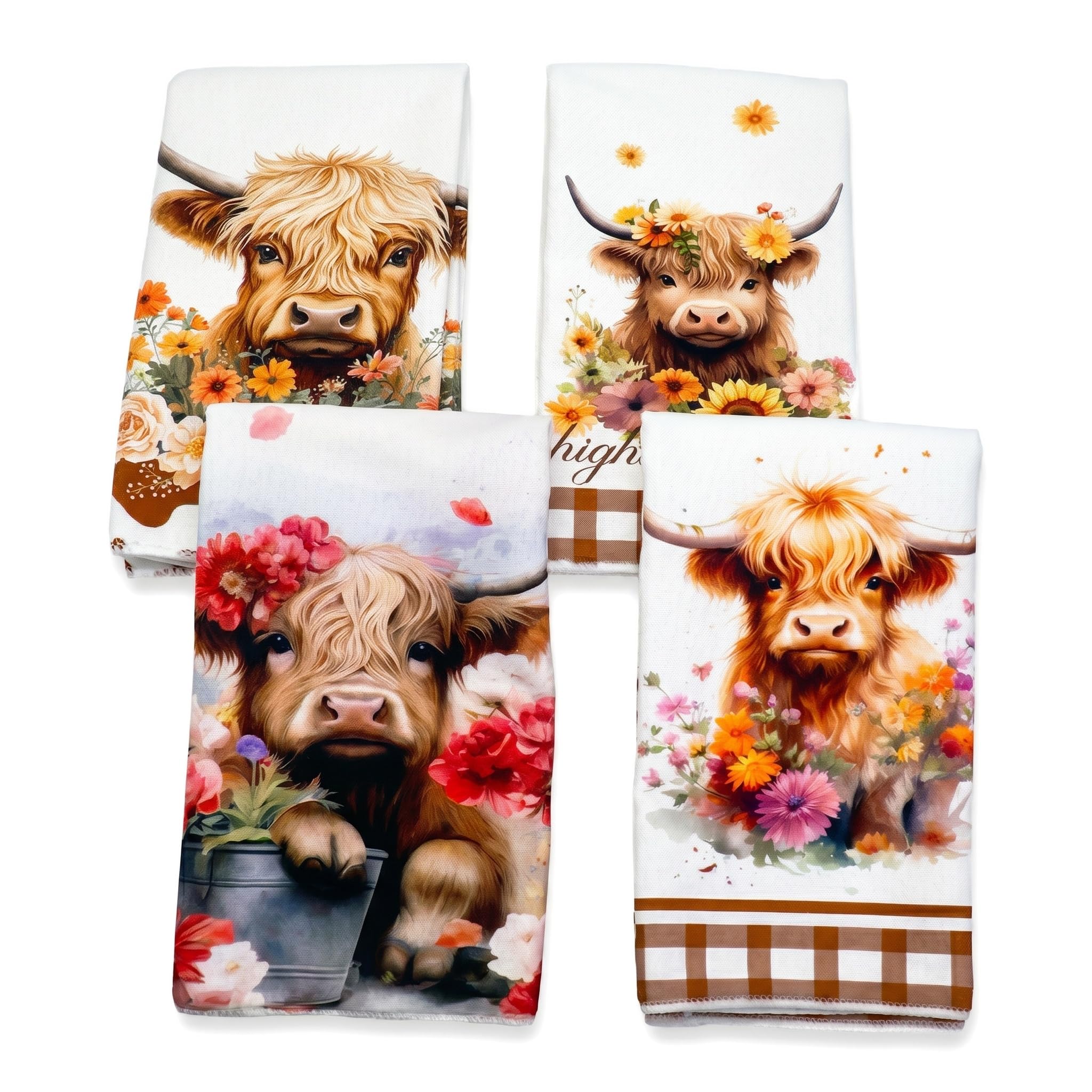 LEKMBBY Highland Cow Gifts, Set of 4 Tea Towels for Kitchen Accessories, Microfiber Fancy Practical Bathroom Hand Towel for Bar Coffee Home Dish Farmhouse Decor All People