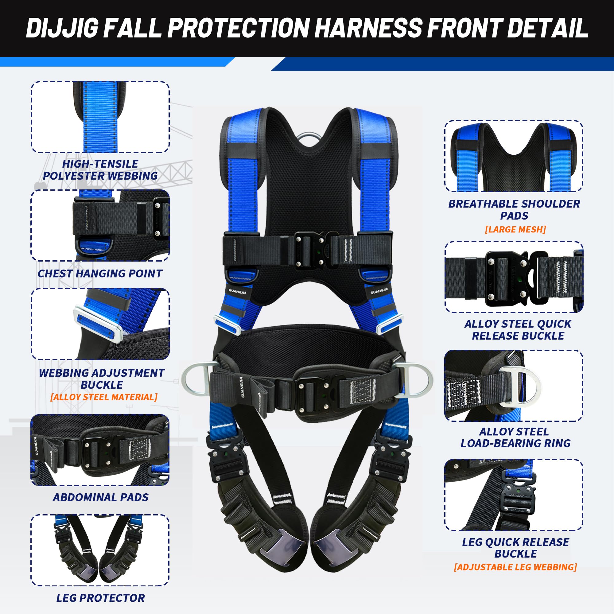 DIJJIG Safety Harness Kit with 1.8M Lanyards,Waist and Shoulder Protection,Construction Projects, High-altitude Rooftop Operations, Fire Rescue, Anti Fall Safety Harness,Safety Rope,CE Certification