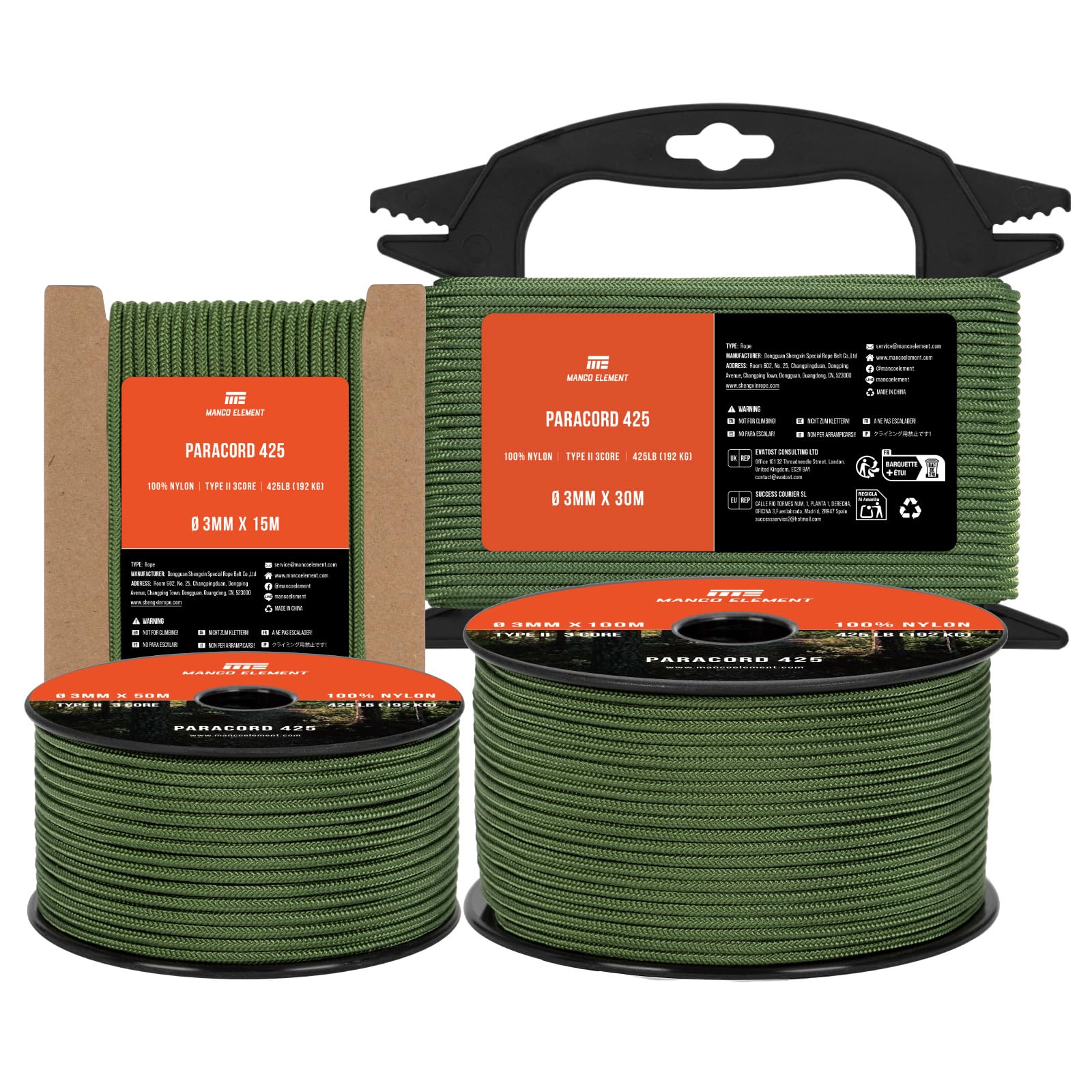 Manco Element 3mm Paracord 425 Type II 15m Forest Green | 100% Nylon Rope 3 Strands Tactical Cord | Ideal for Outdoor, Camping, Survival, Crafting, DIY