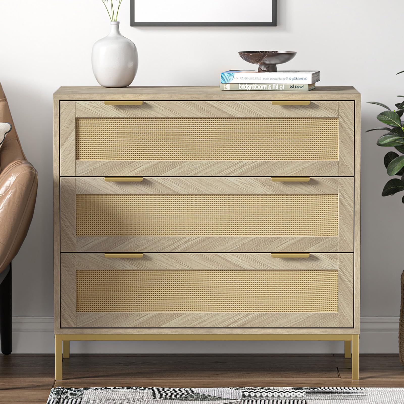 Yvsevnr Rattan Bedroom Dresser Chest of Drawers Anti-Tipping Wooden Herringbone Closet Dressers Large Nightstand Metal Handles Bedside Storage Cabinet Unit Clothes Storage for Living Room, Hallway