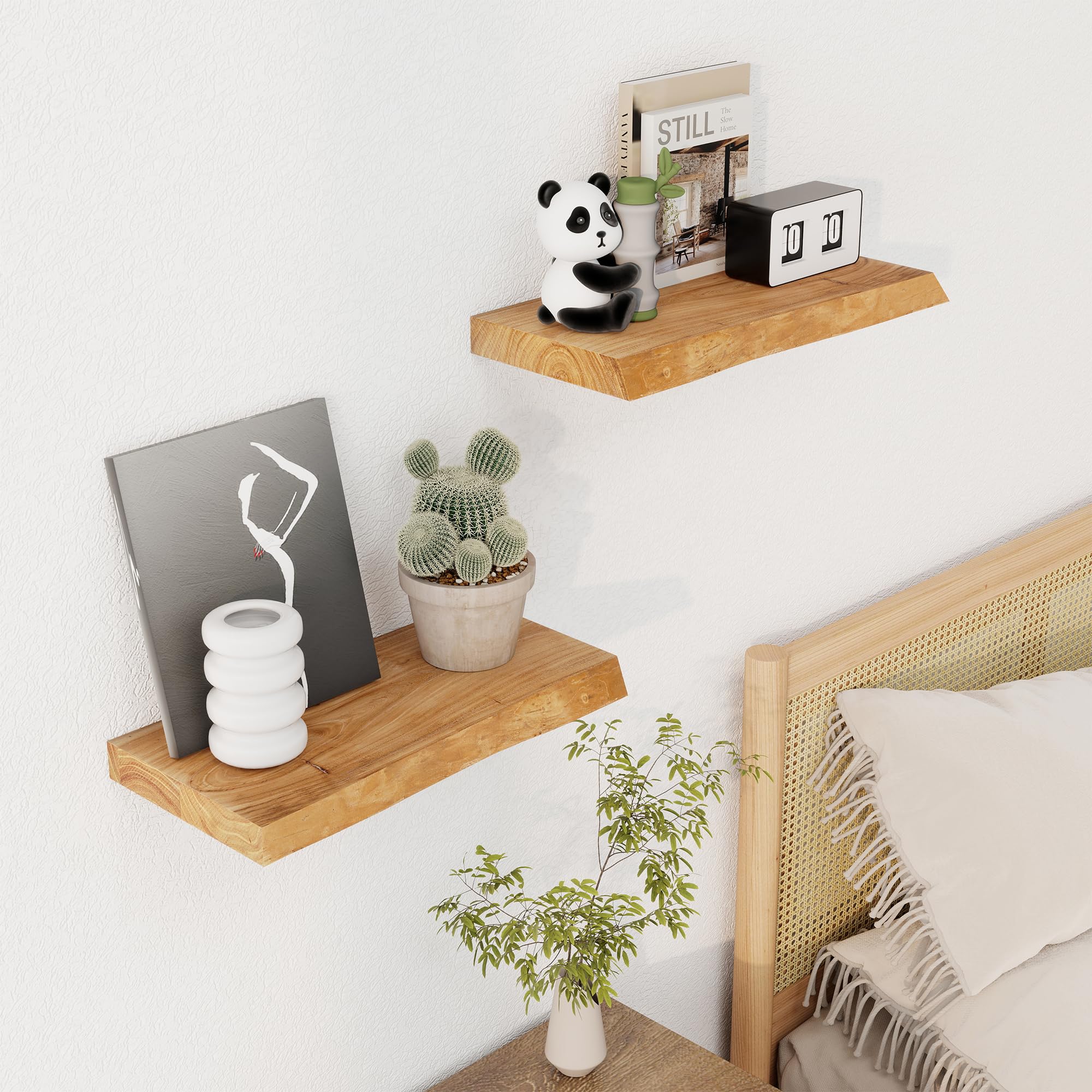 Axeman Schweberegal 2er Set mit Baumkante aus recyceltem Ulmenholz Massivholz – 40 x 20 x 3.5 cm Wandregal mit unsichtbarer Halterung für Wohnzimmer Küche Schlafzimmer Flur Büro in Natur