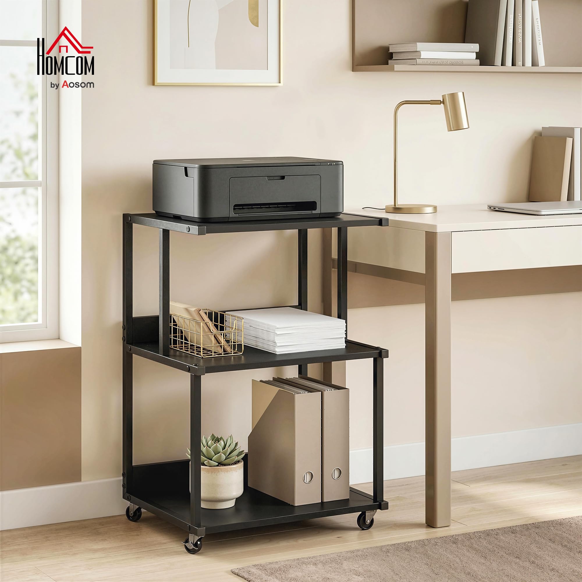 HOMCOM Carrello Porta Stampante a 3 Livelli, Supporto Stampante con Ruote con Freno, Salvaspazio in Metallo e Legno, per Casa, Studio, Ufficio, Industriale, 50x40x75cm, Nero