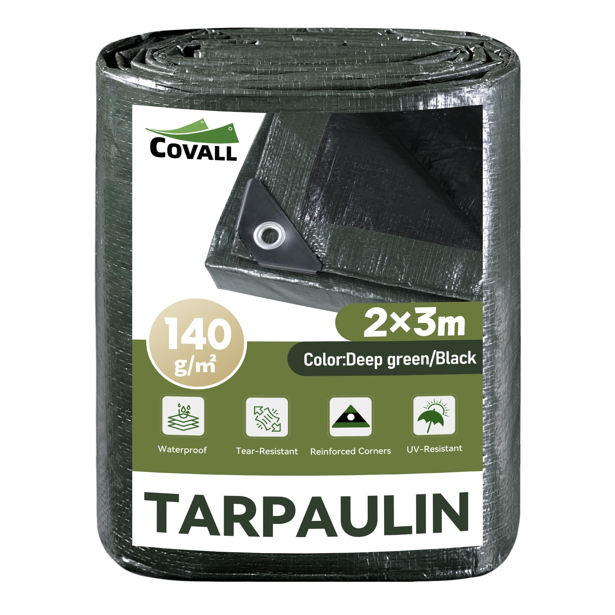 COVALL Heavy-Duty Tarpaulin 2m x 3m,140GSM waterproof tarp UV & Tear Resistant, Groundsheet with Reinforced Eyelets,Multipurpose Cover for Camping,Truck fabric,Garden,Roof,Car,Patio Furniture
