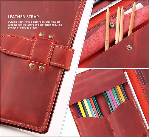 Miniatura 4 de Robrasim Estuche de cuero para lápices, hecho a mano, estuche para bolígrafos de dibujo, estuche de cuero rústico para pinceles de pintura y