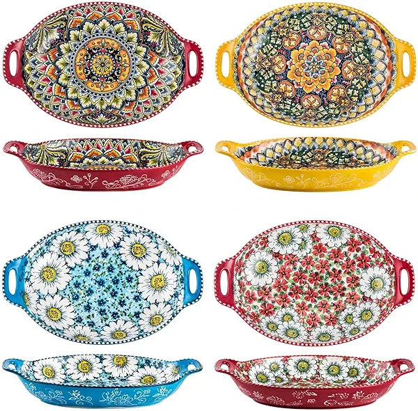 Henten Home Pasta Bowls with Handle, 32 oz Porcelain Salad Bowls Set of 4, Ceramic Colorful Serving Dishes for Dinner, Vegtable, Fruit, Microwave & Dishwasher Safe