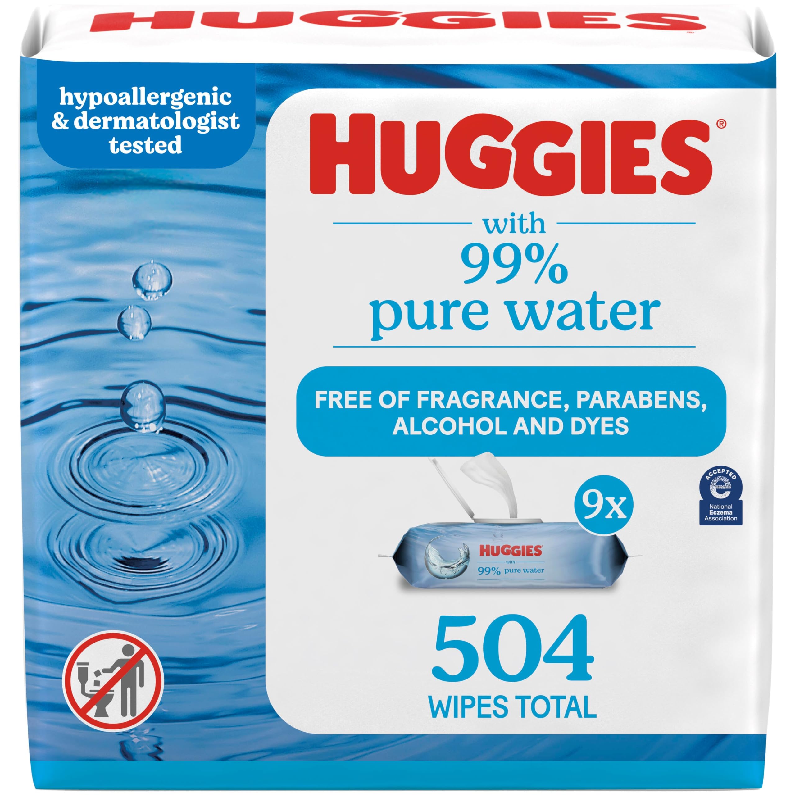 HUGGIES99% Pure Water Baby Wipes, Unscented, 9 flip-top packs (3 Packs of 3), 504 Wipes Total, Packaging May Vary