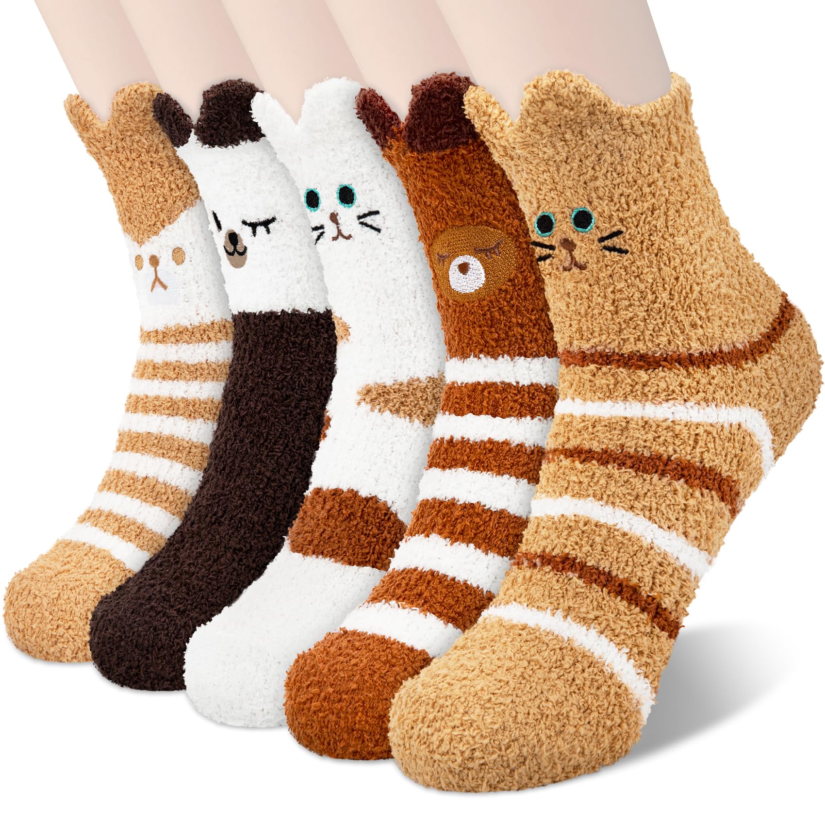 Fuzzy Socks for Women 5 Pairs Warm Fluffy Winter Stocking Soft Cute Cat Animal Socks