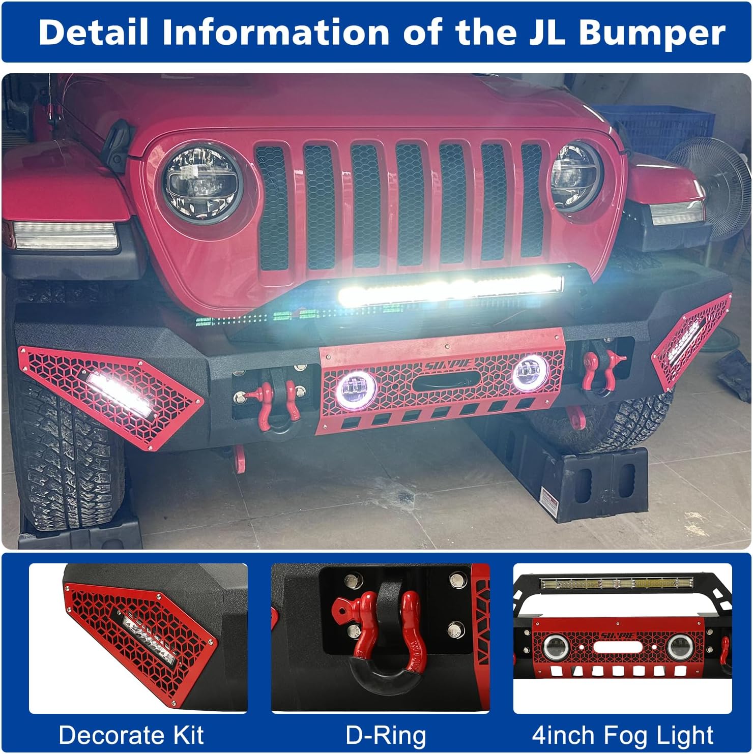 SUNPIE Front Bumpers Compatible with Jeep Wrangler JK/JKU/JL/JLU & JL 4XE 2007-2026, Jeep Gladiator JT 2019-2026, w/Winch Plate, Sensor Hole, License Plate, Textured Black, Including Manuals