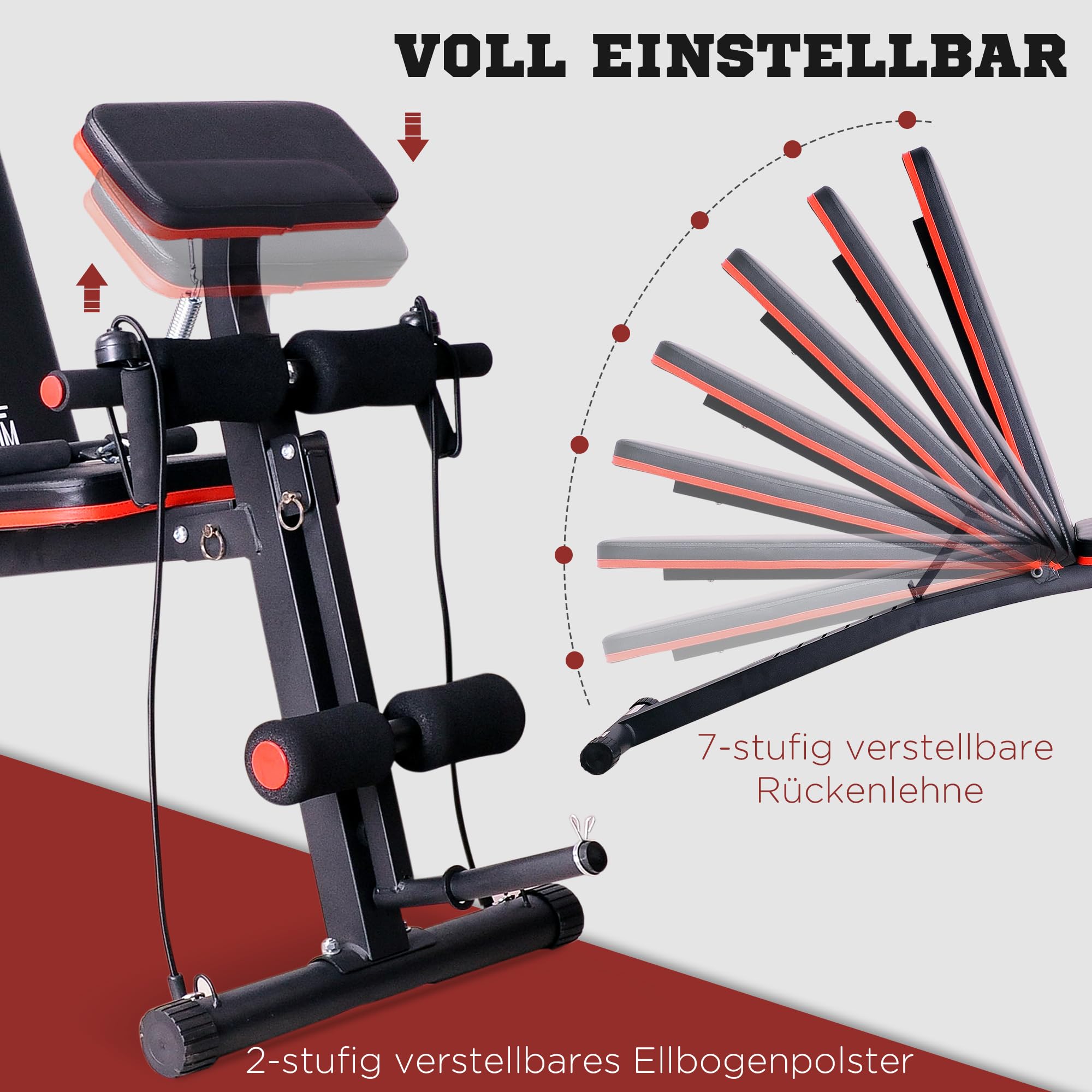 HOMCOM Hantelbank, Multifunktion Trainingsbank mit 7-fach verstellbarer Rückenlehne, Klappbar Fitnessbank bis 300 kg belastbar, für Zuhause, Bizeps-Curls, Langhantel, Stahl