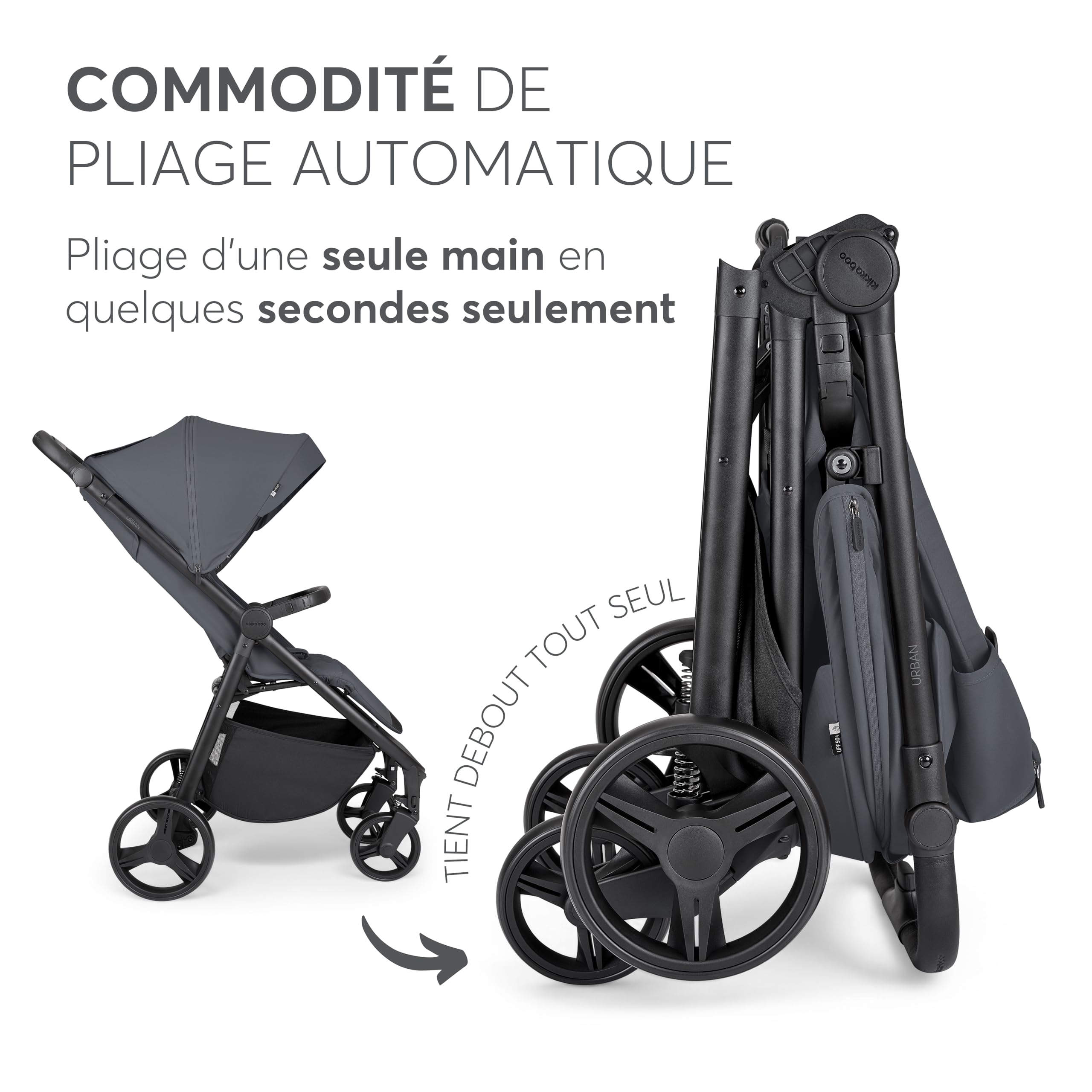 KikkaBoo Poussette Canne Compacte Bébé URBAN, Poussette Compacte Légère, Naissance à 22 kg, Pliage Automatique, Roues EVA avec Suspension, Gris Foncé