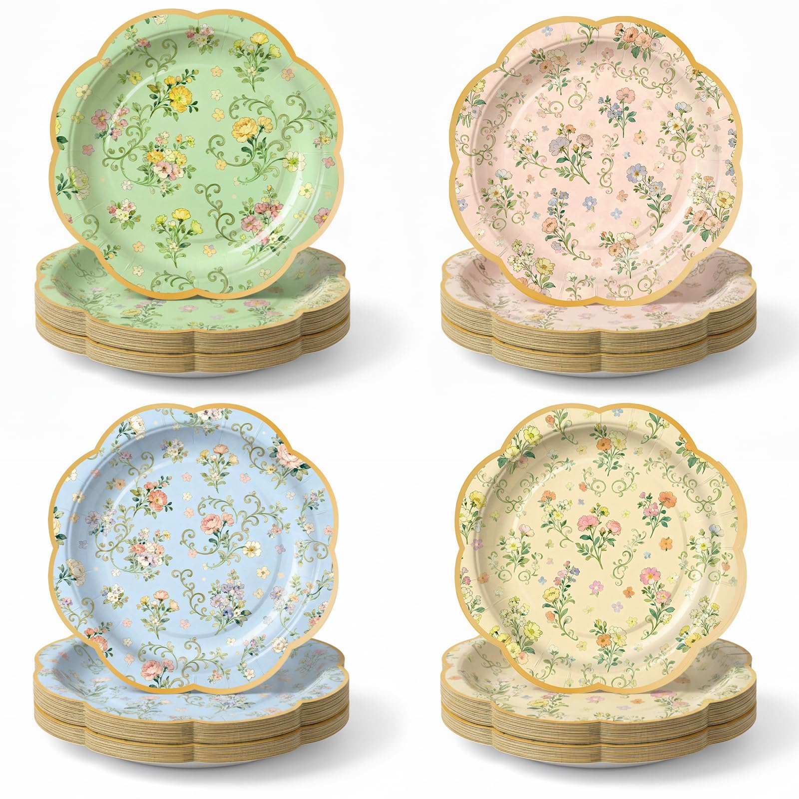 OuMuaMua 48 Pack Foral Vintage Paper Plates, 9 Inch Floral Scalloped Disposable Party Plates for Birthday Wedding Flower Themd Party Supplies