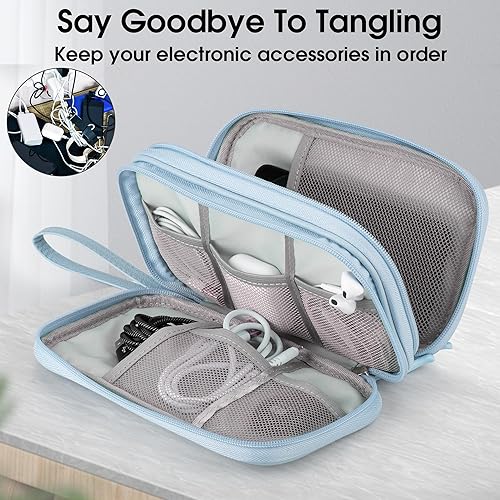 Miniatura 6 de Organizador electrónico de viaje de cuero, doble capa, funda impermeable para cables, cargadores, teléfonos y más, bolsa portátil a prueba de golpes