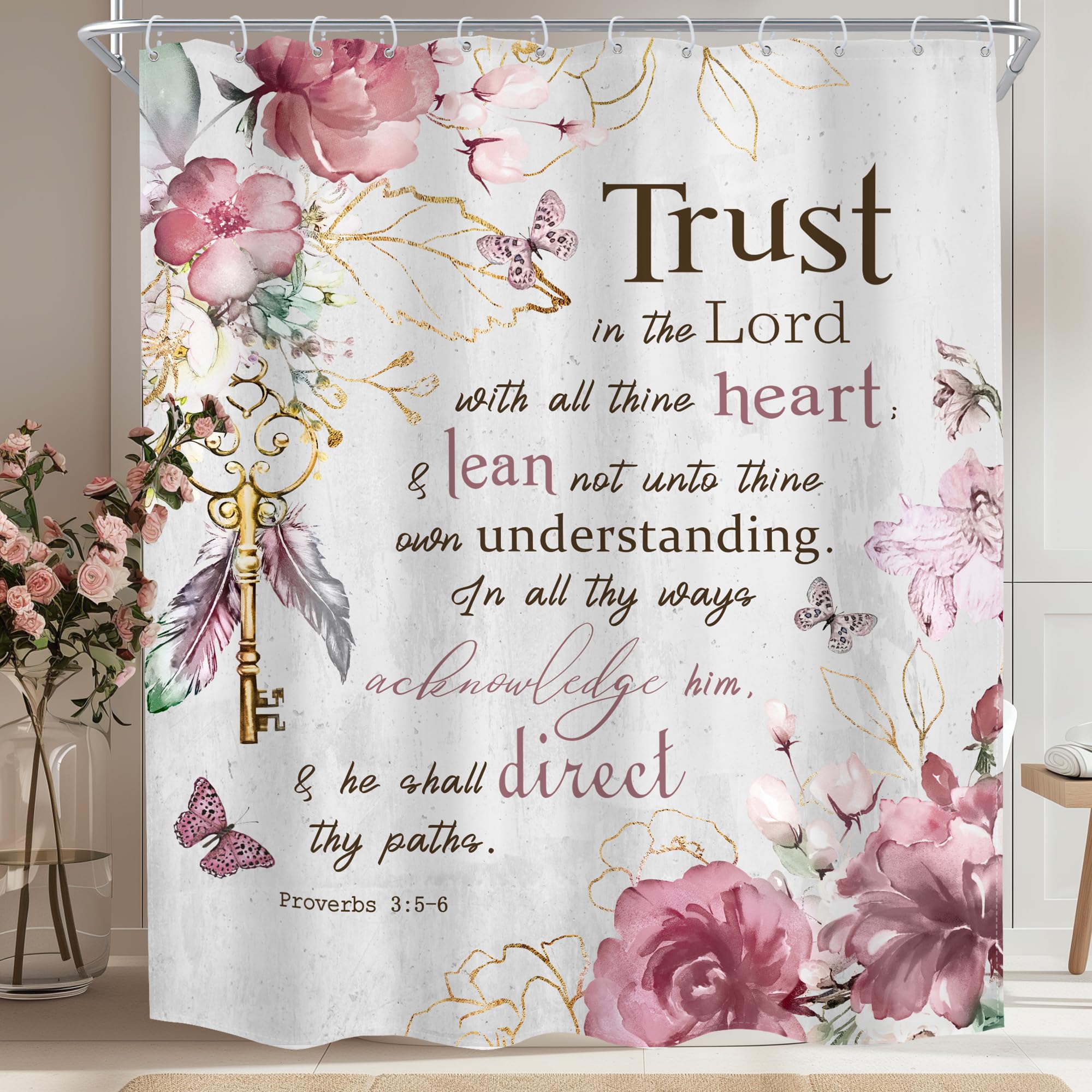 MESHELLY Christian Shower Curtain 60Wx72H Bible Verse Rustic Farmhouse Pink Flower Scriptures Floral Bath Curtain Fabric Inspirational Quote