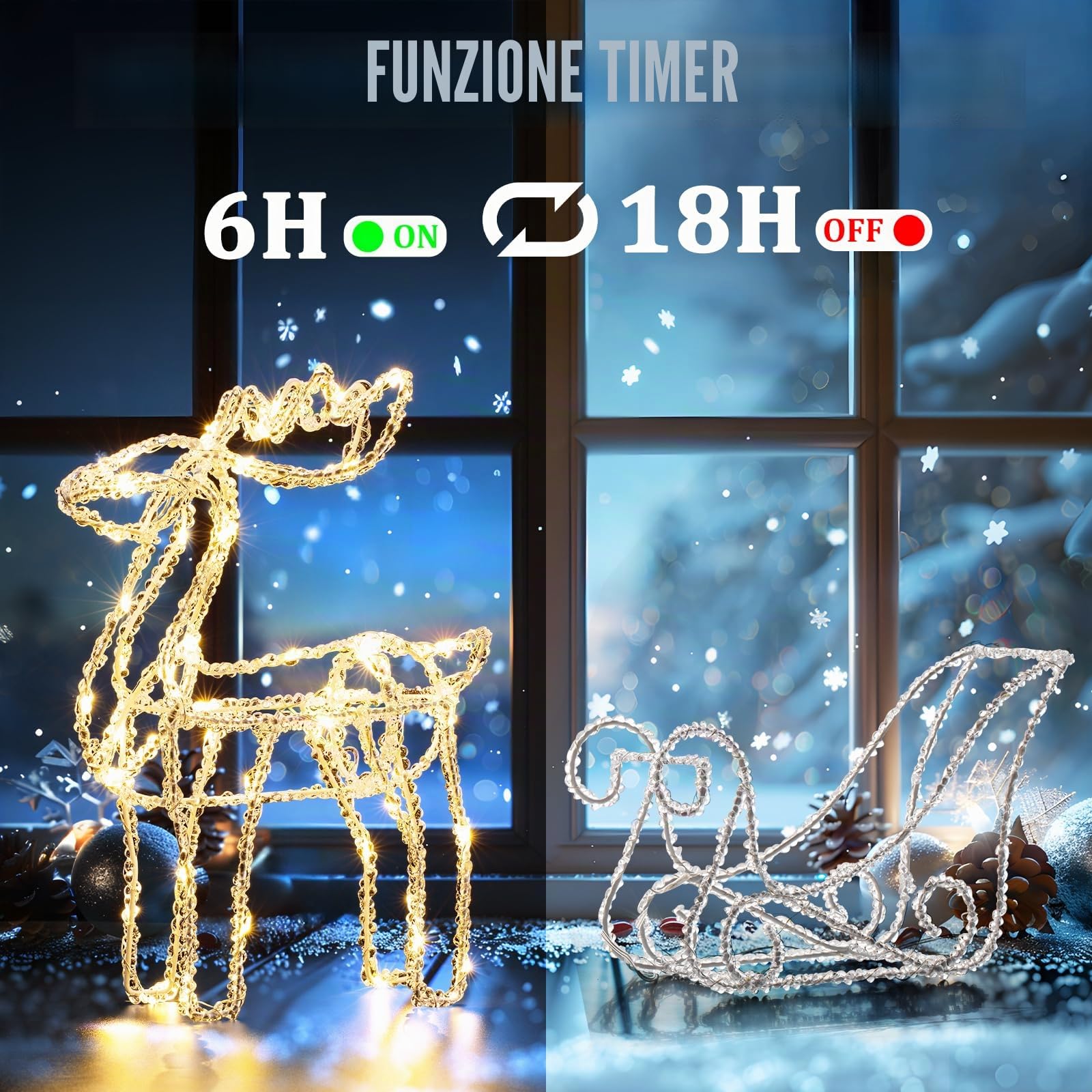 Quntis 100LEDs Renna di Natale Luminosa, Renne Natalizie da Interno e Esterno, IP44 Renna con Slitta Luminosa, Funzione Timer & Memoria, Decorazioni Natalizie con 5m Cavo