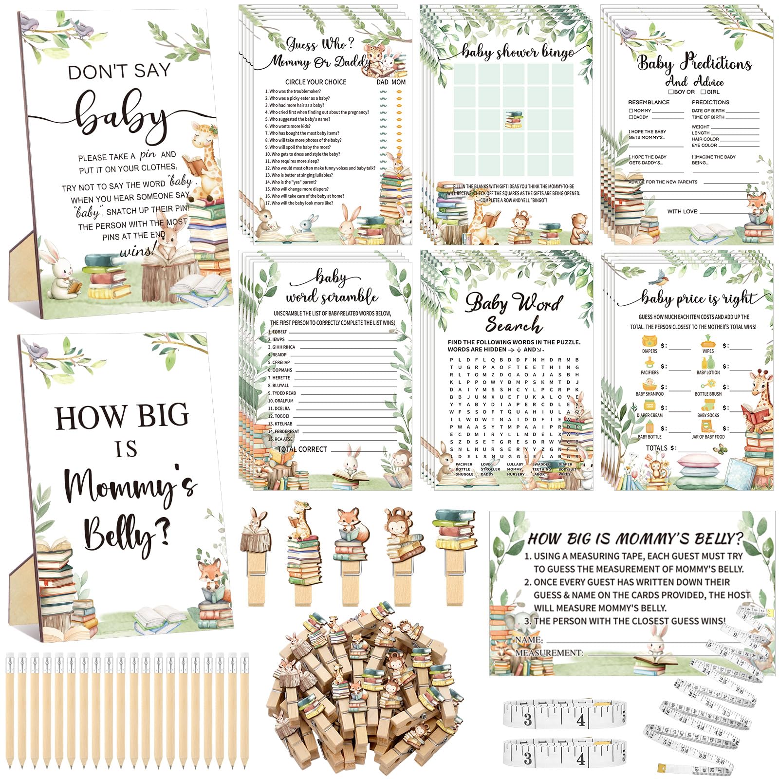 Funnymoom 426 Pcs Storybook Baby Shower Games Set, 8 Games Bingo Green Storybook