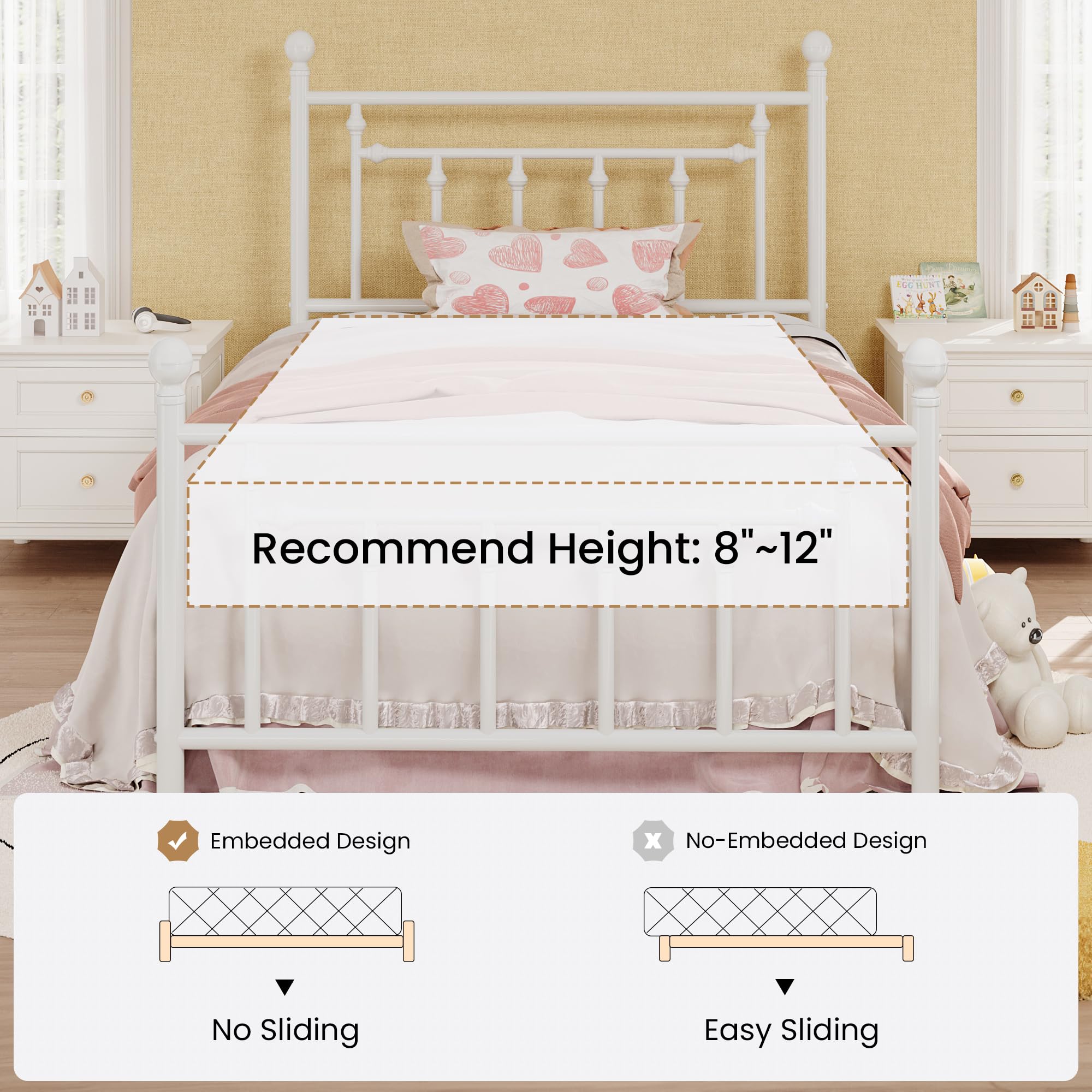 SHA CERLIN 14" Queen Size Metal Platform Bed Frame/Victorian Headboard and Footboard/Steel Slats Mattress Foundation for Storage/No Box Spring Needed/Noise Free/Black: White Twin