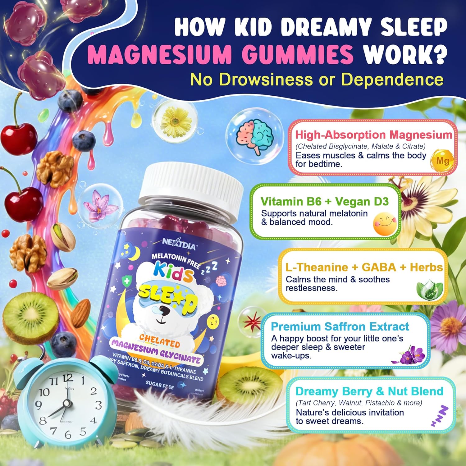 Kids Sleep Gummies NO Melatonin - Triple Magnesium Glycinate + Saffron, GABA, Berry & Nut Superfood Gummies, Sugar Free Nighttime Sleep Aid & Calm for Kids 4+ Teens, Relaxation, Brain & Muscle, 2Pack