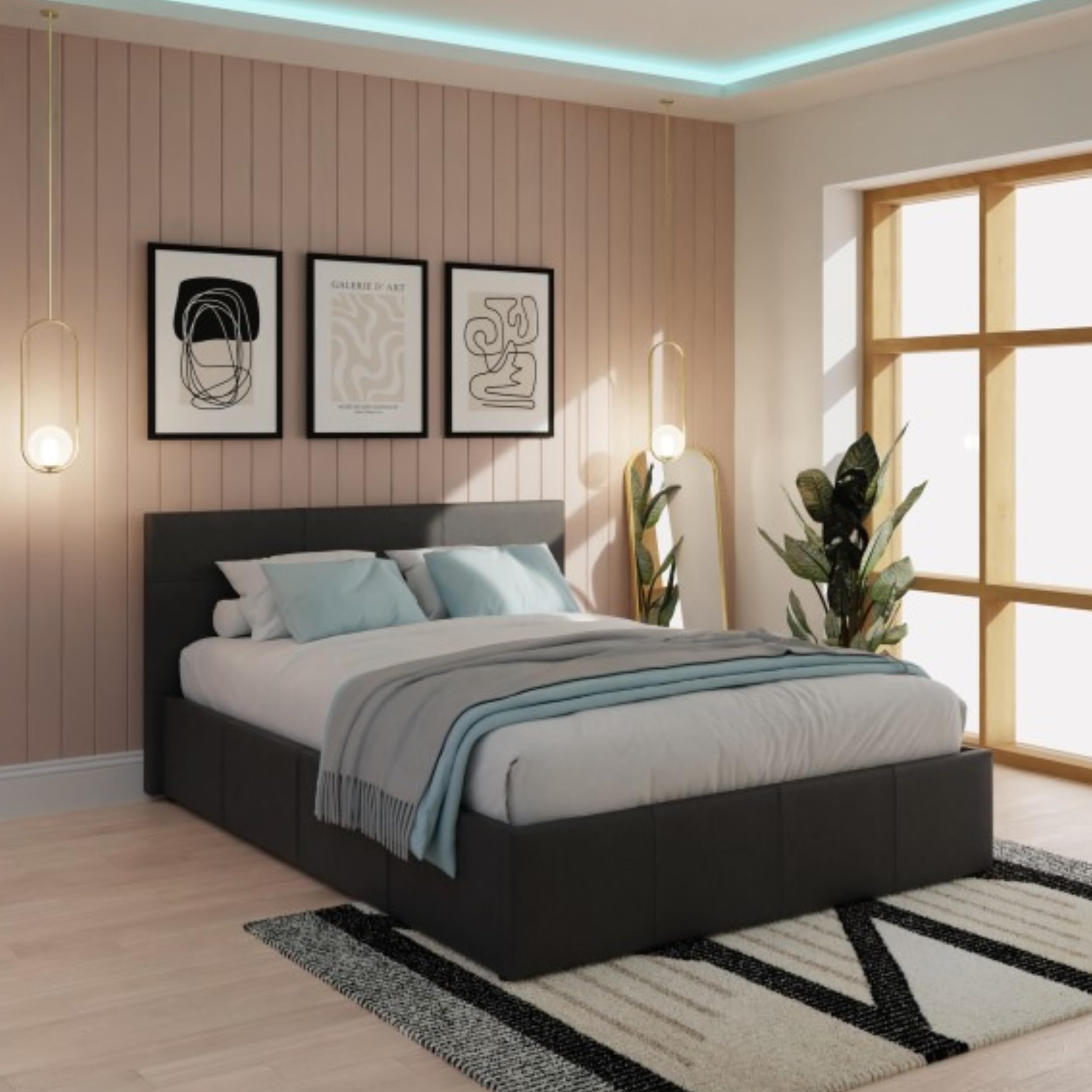 GFW Classic Side Lift King Size Black Faux Leather Ottoman Bed, Storage Bed with Hydraulic Lift and Stitched Headboard
