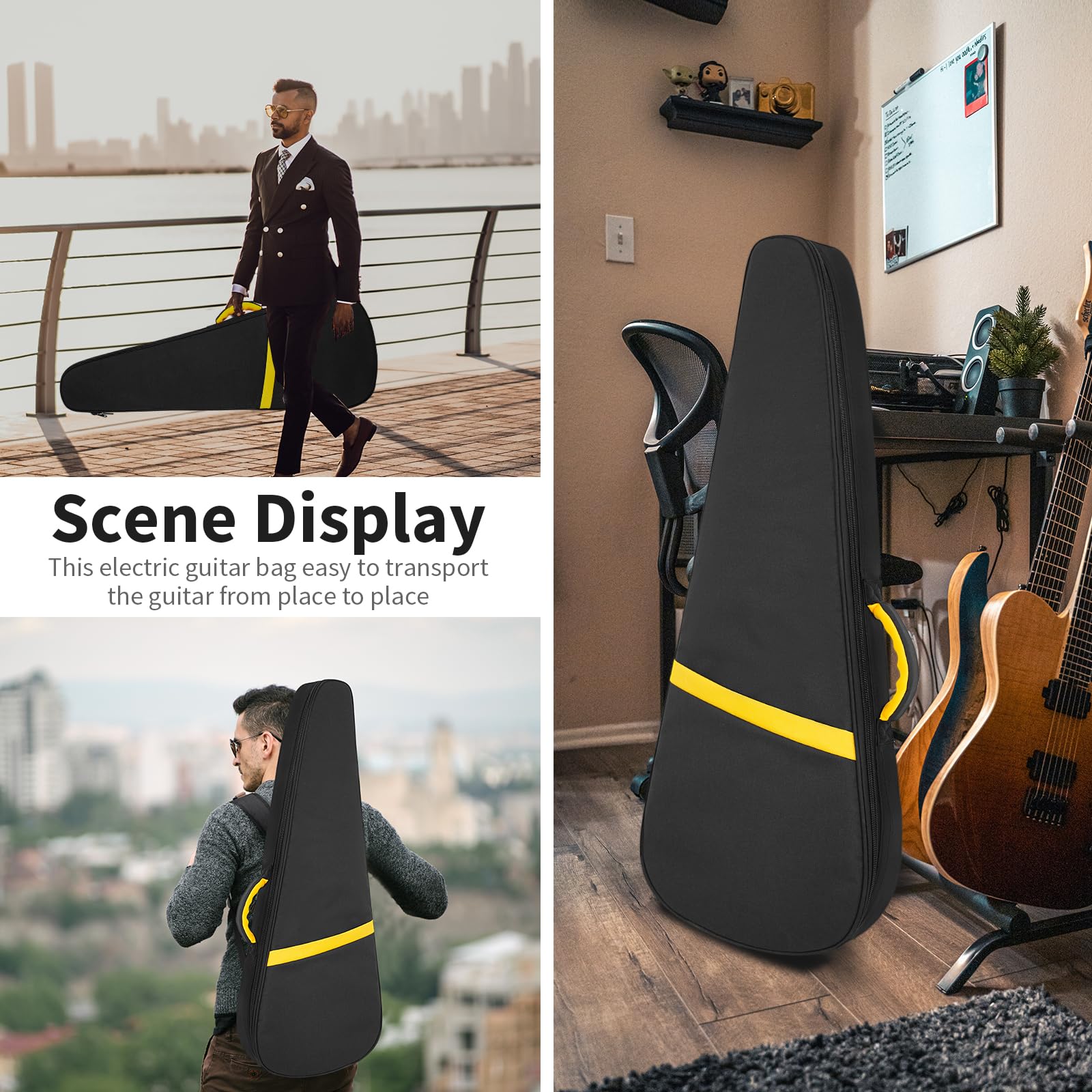 Funda acolchada para guitarra eléctrica de 7 mm, funda para guitarra eléctrica, mochila para guitarra eléctrica de 39 pulgadas con correa para el cuello y bolsillos (rayas negras y amarillas)