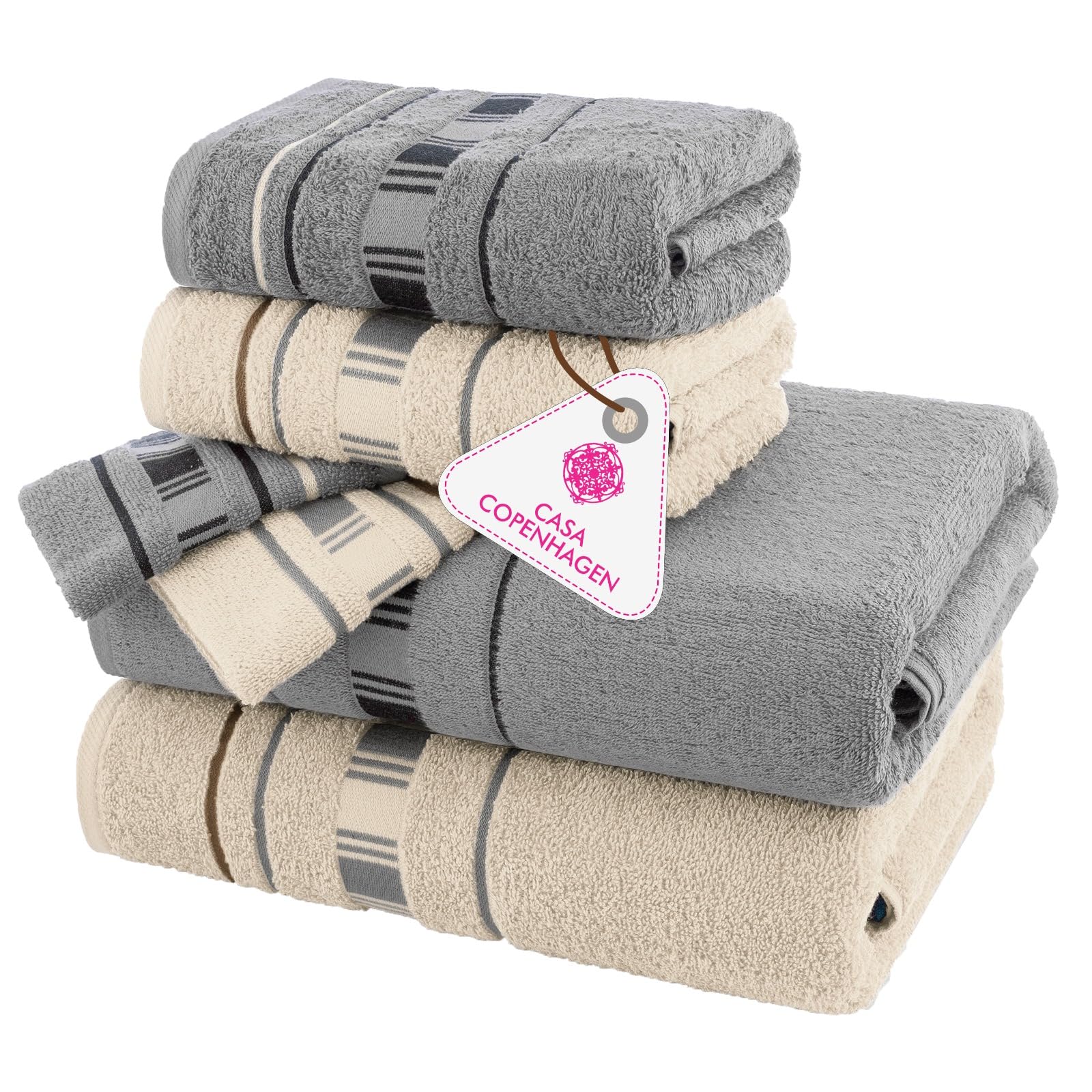 CASA COPENHAGEN X Lines towel set made from 600 g/m² Egyptian cotton for hotel, spa, kitchen and bathroom, 6-piece set with 2 bath towels, 2 hand towels, and 2 washcloths – Grey Cream