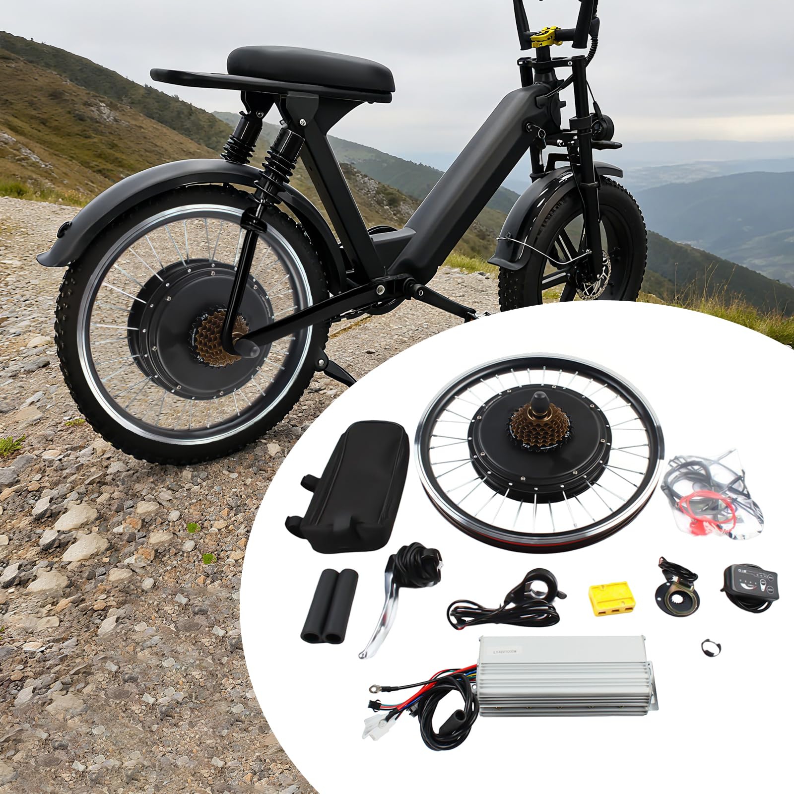 E-Bike - Kit de reequipamiento para bicicleta eléctrica (20 pulgadas, con pantalla LED, función de apagado, palanca de freno y rueda libre de 7 velocidades, 48 V, 1000 W)