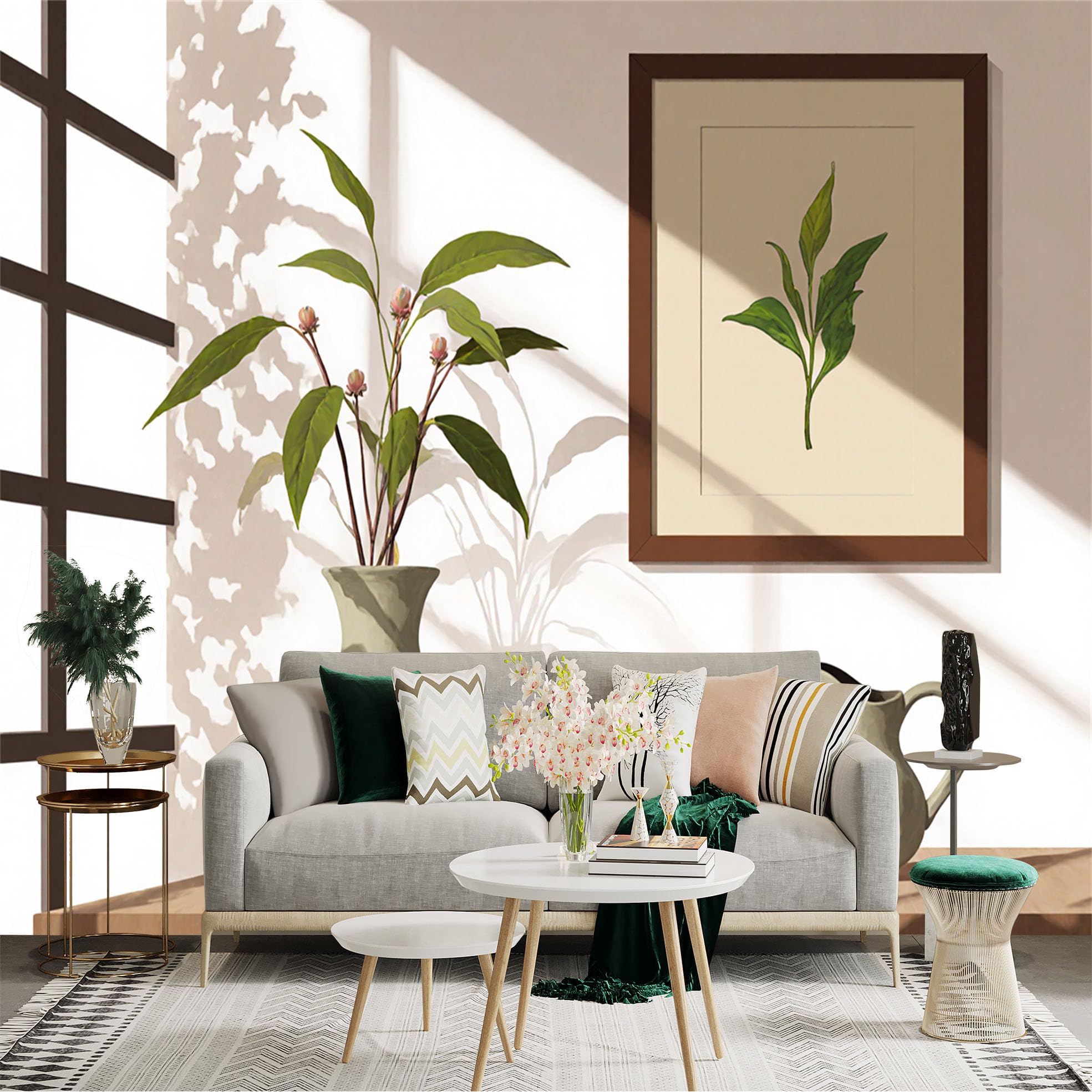 Custom Size Wall Sticker Mural， Minimalist Still Life， Ceramic Vases with Green Plant， Sunlit Interior View， Artistic Botanical Painting， for wall Decoration， peelandstick wall Decals.
