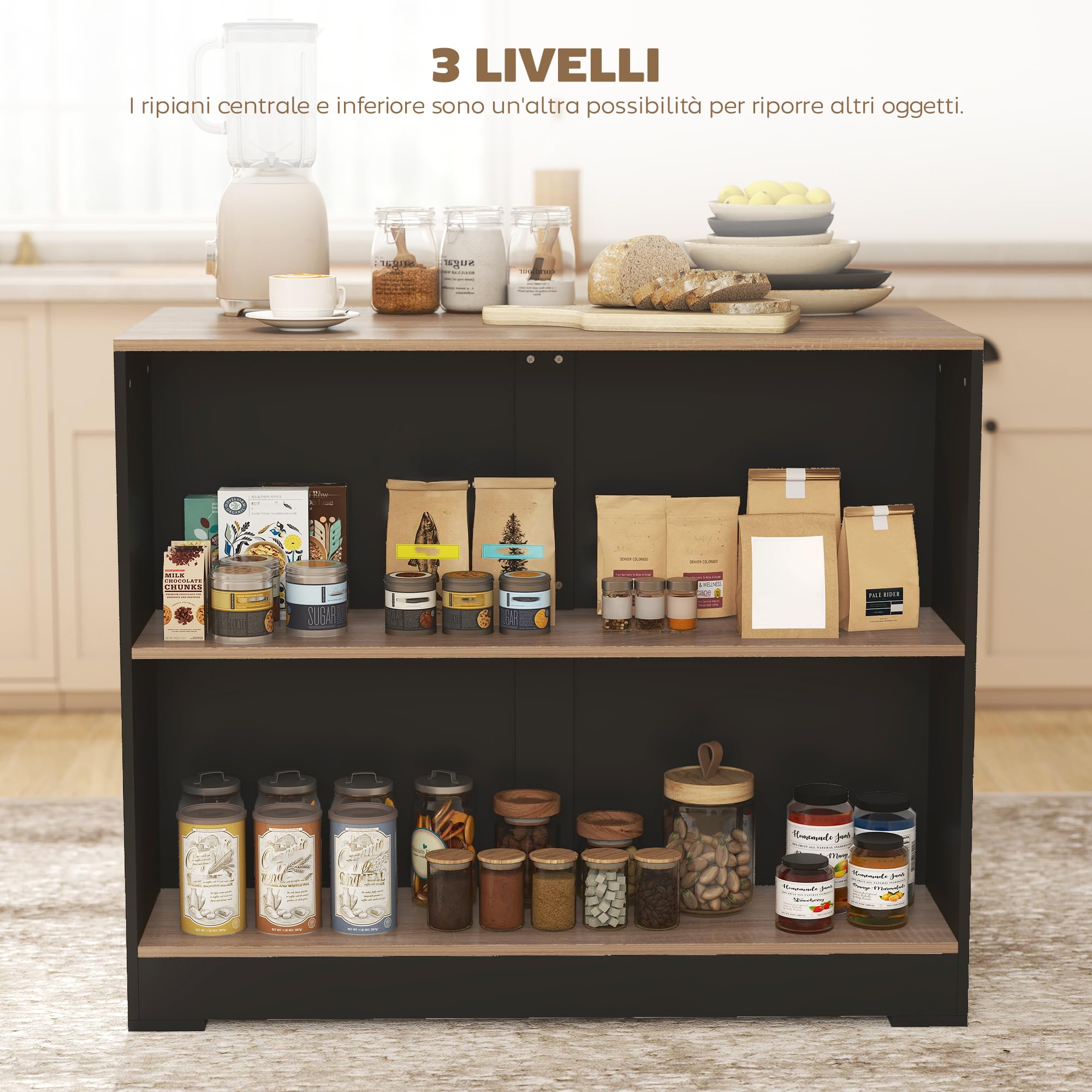 HOMCOM Tavolo Bar con 3 Ripiani 113x60x90 cm Nero e Color Legno