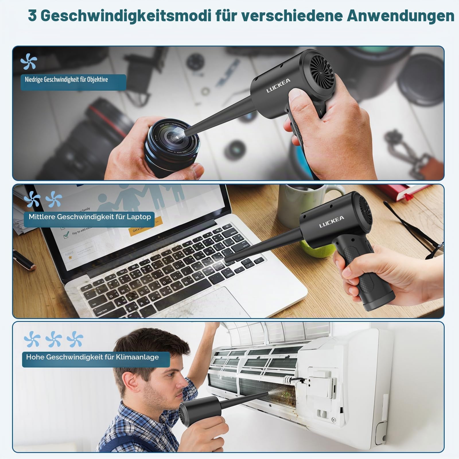 Elektrische Staubgebläse Druckluftspray für PC Reinigung - 3-Gang Air Duster mit 6000 mAh Akku, 5 Blasdüsen 2 Vakuumdüsen, 3 Antistatikbürsten, Compressed Air Luftdruckspray für Elektronik Sofa Auto