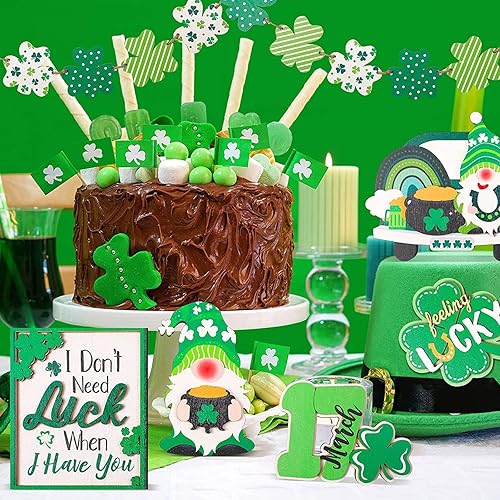 Miniatura 2 de Escalera decorativa para el hogar decoración de bandeja escalonada del día de San Patricio letreros de madera de la suerte bloque de gnomo verde