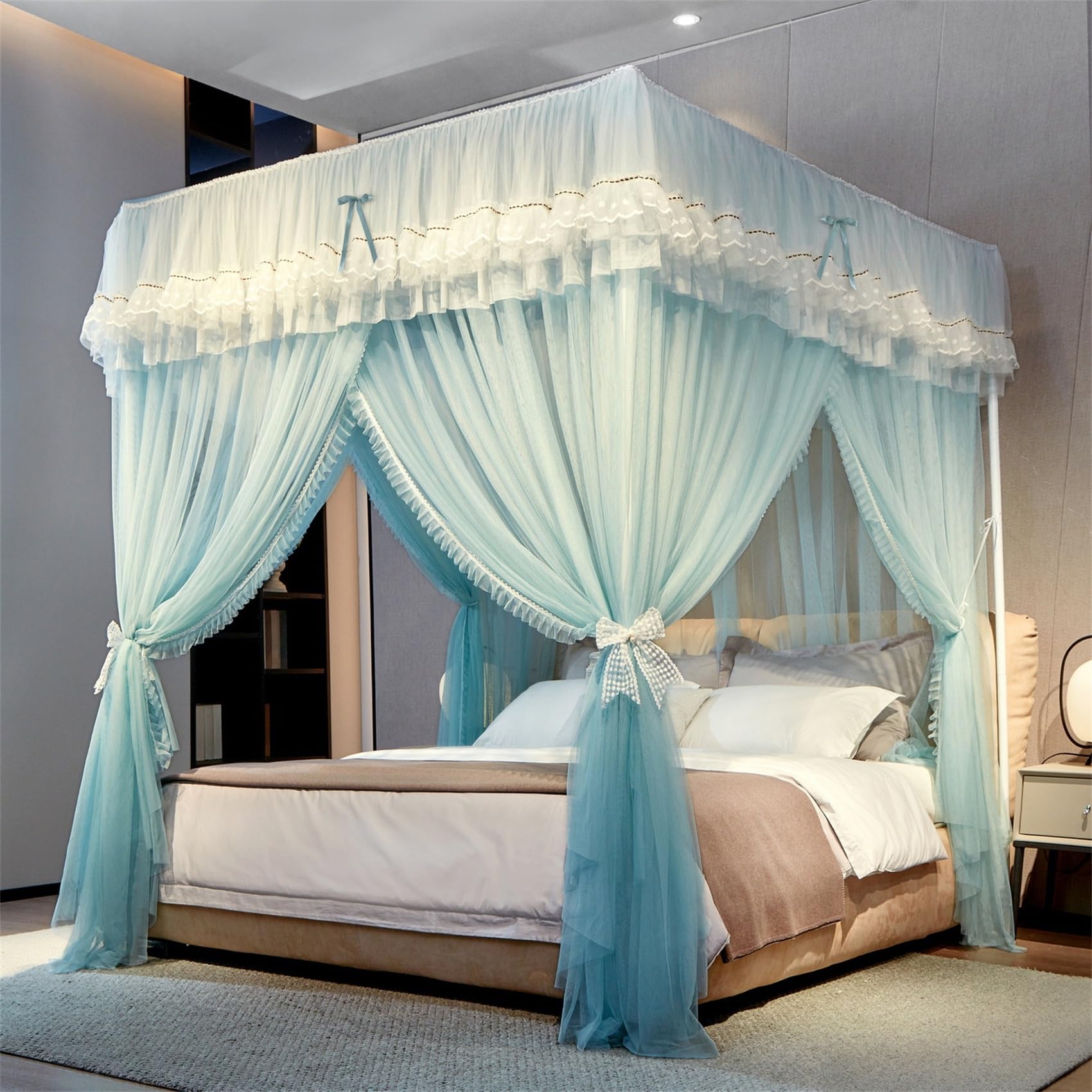GUOIOOI Canopy Bed Curtains 4 Corners Post Ruffle Lace bow Princess Bed Canopy with Removable Blackout Top,Double‑Layer Cozy Drape Netting 3‑Side Opening for Queen/Full Bed(Cyan,FULL/1.5x2M)