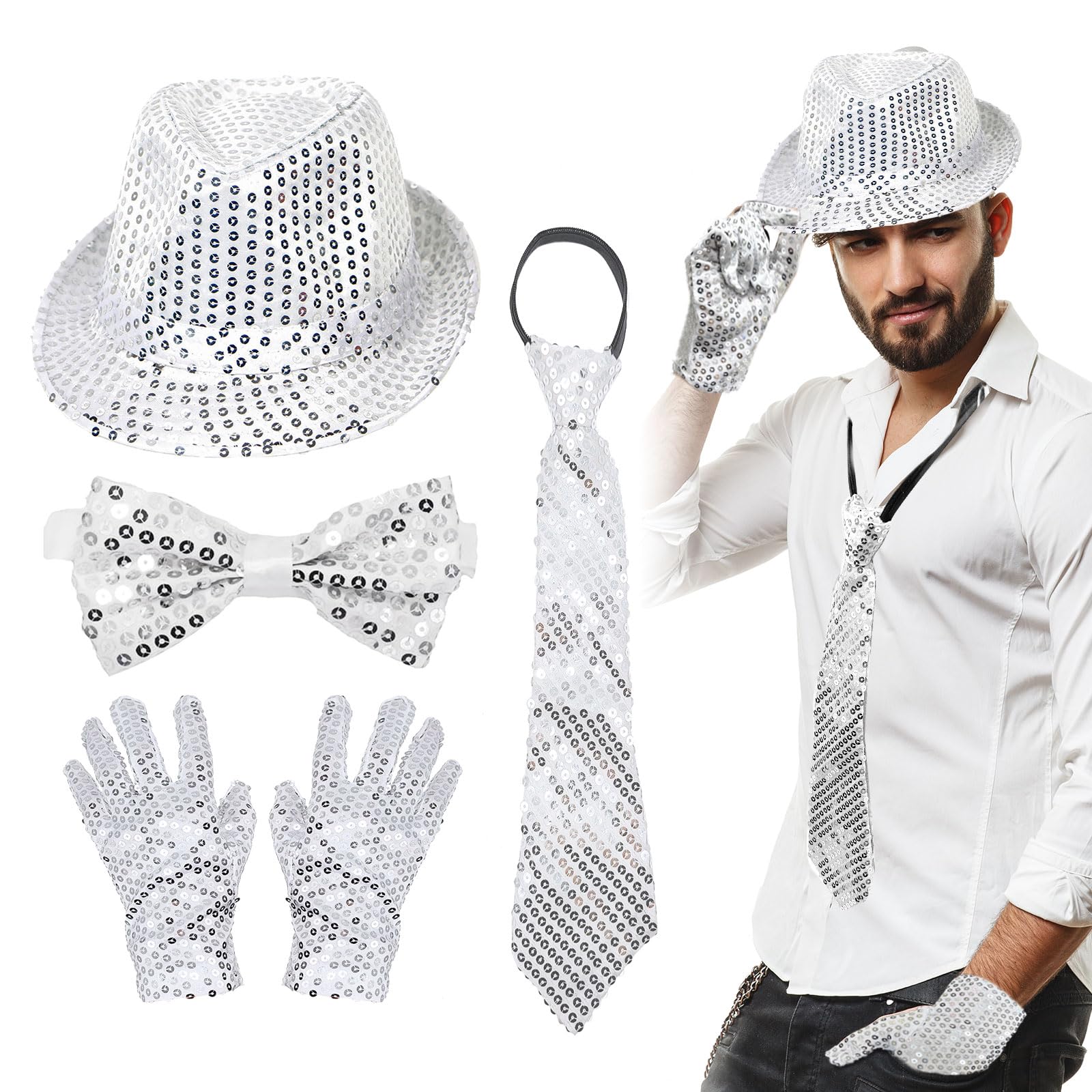 EUPSIIU 4-Piece Jazz Dance Costume: Glitter Hat, Gloves, Necktie & Bow Tie for 70s Disco, Hip-Hop, Fancy Dress & Stage Show