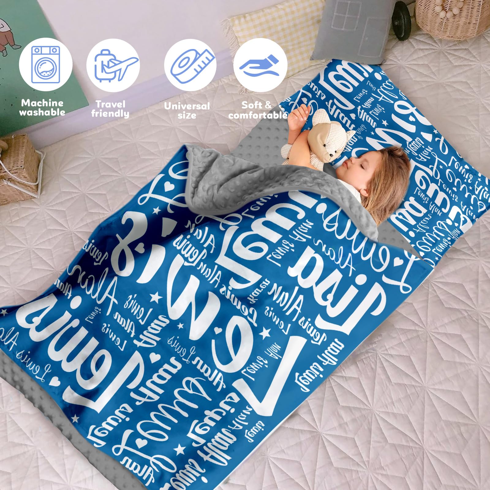 Custom Toddler Nap Mat for Preschool - Personalized Name Kids Nap Mats for Daycare Kindergarten Boys Sleeping Bag with Pillow Blanket Set, Thick Padded Easy Roll Up Blue