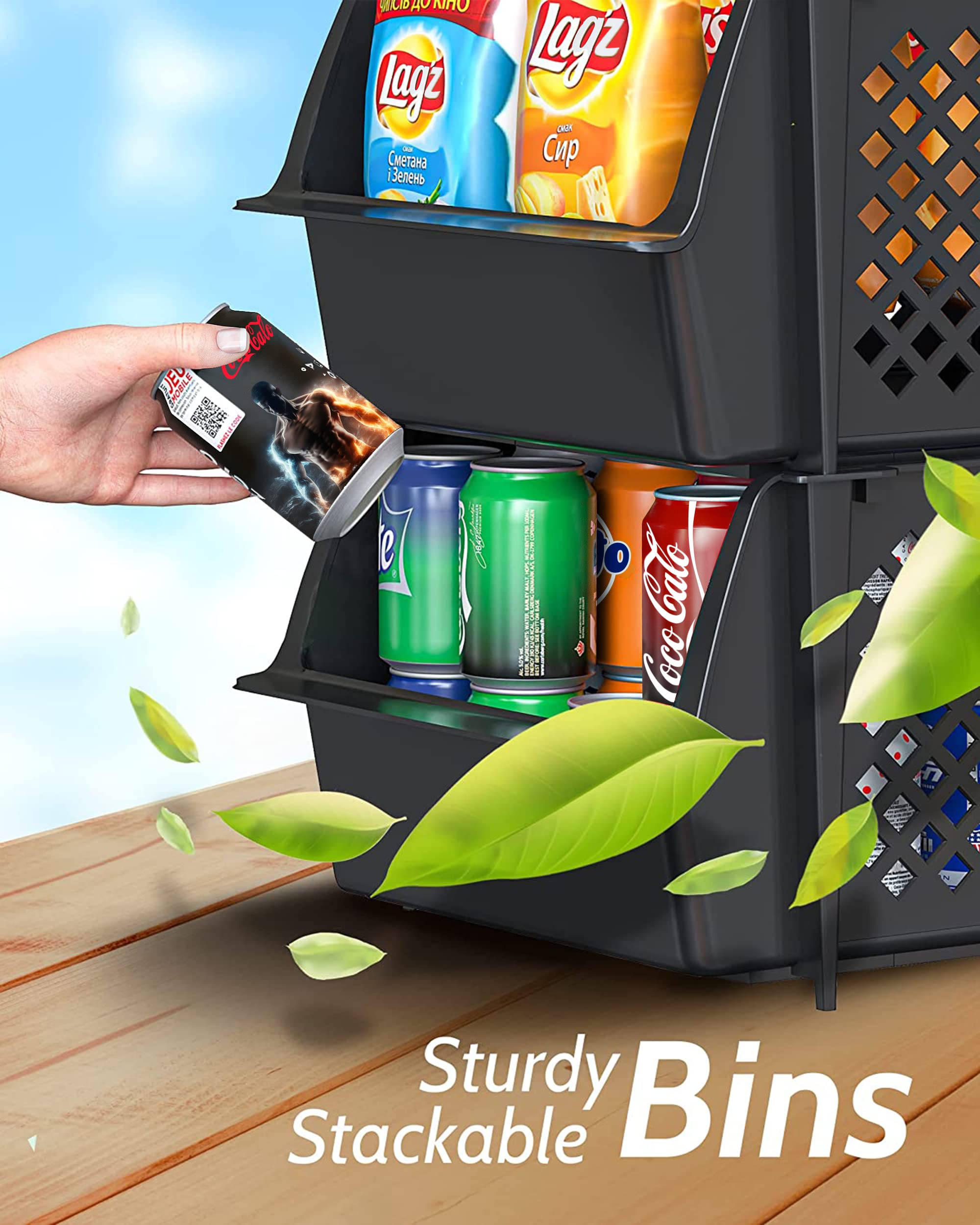 Skywin Contenedores de almacenamiento apilables para despensa, contenedores apilables para organizar alimentos, cocina y artículos esenciales de baño (paquete de 8, negro)