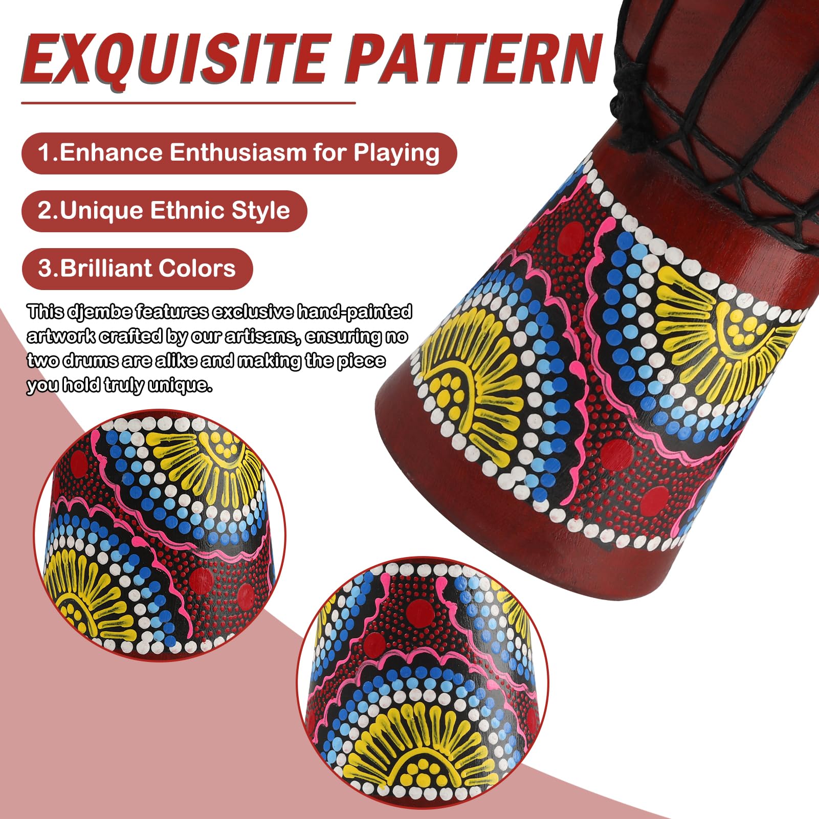 Wood Djembe Drum, 6.5'' x 12''Carved Mahogany African Drums with Goatskin Drumhead, West African Styled Professional Djembe Hand Drum for Kids and Adults Beginners