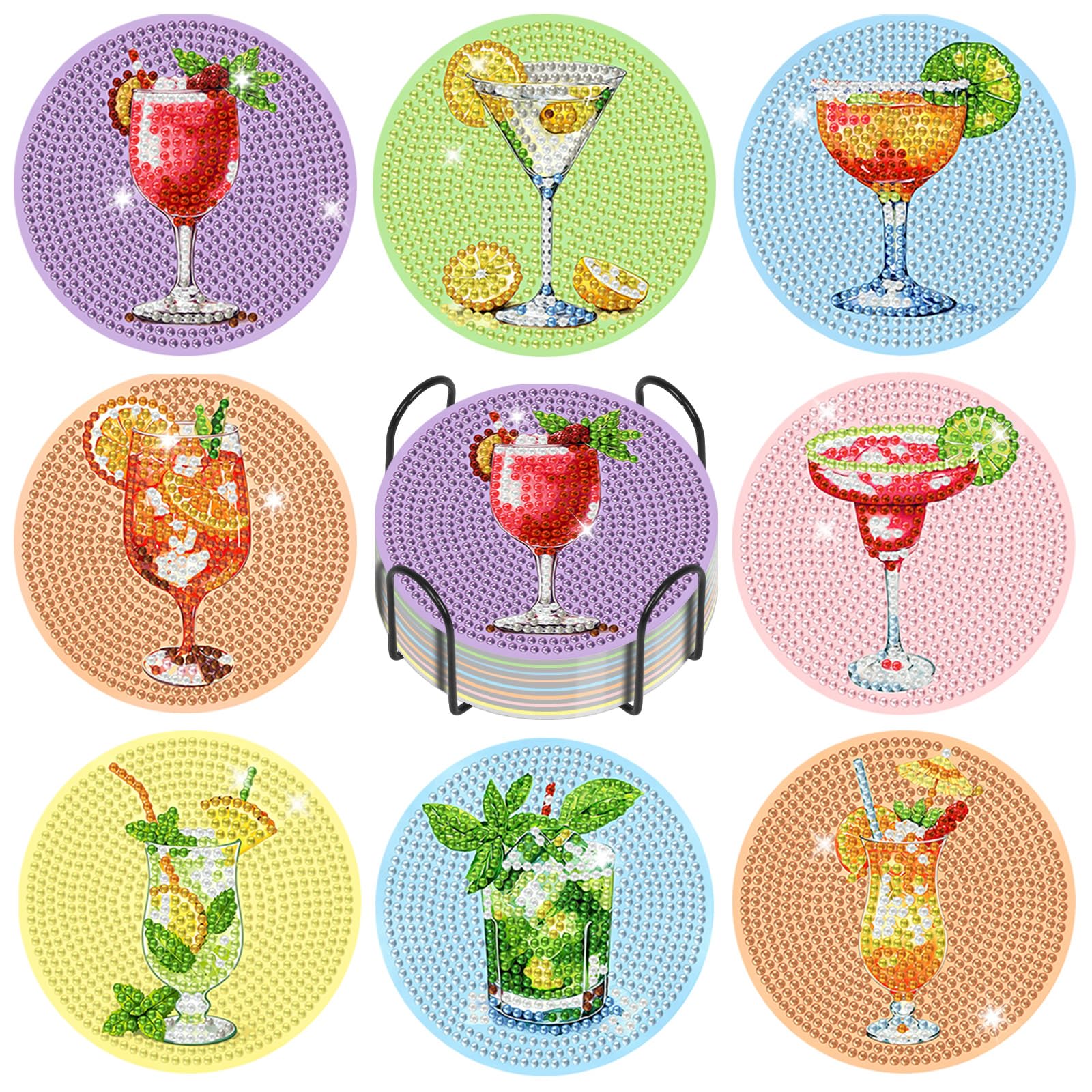 GEEHEIY 8 Pcs Cocktail Diamond Art Coasters Kit for Adults, 5D DIY Diamond Painting Drink Coasters with Holder & Cork Backing, Sparkly Gem Art Craft for Home Bar Decor, Cocktail Lover Gift