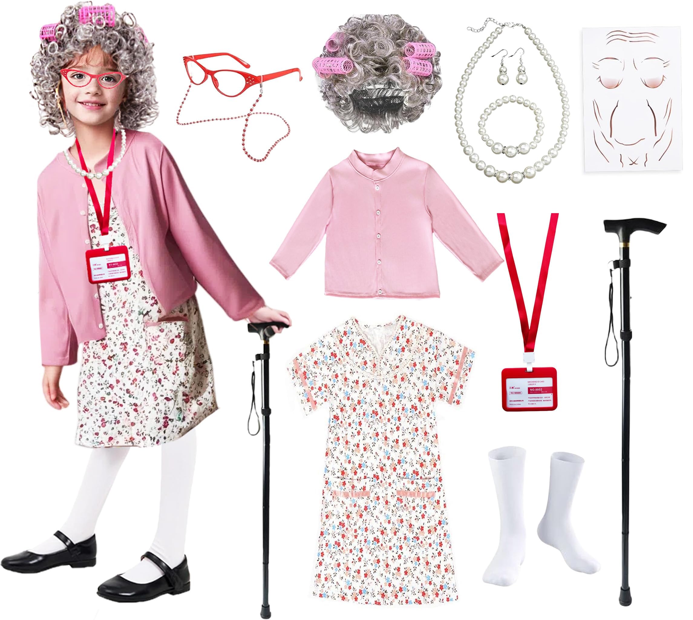 Minggo 17 pcs Old Lady Costume for Kids 100 Days of School Granny Dress Up Wig for Girls Halloween Grandma Costume