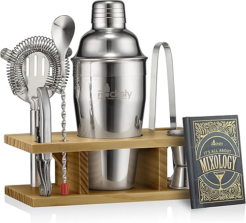 Miniatura 1 de ROCKSLY Mixology - Kit de barman y coctelera para mezclar bebidas juego de mixología con 6 herramientas de barra y soporte de madera de pino que lo
