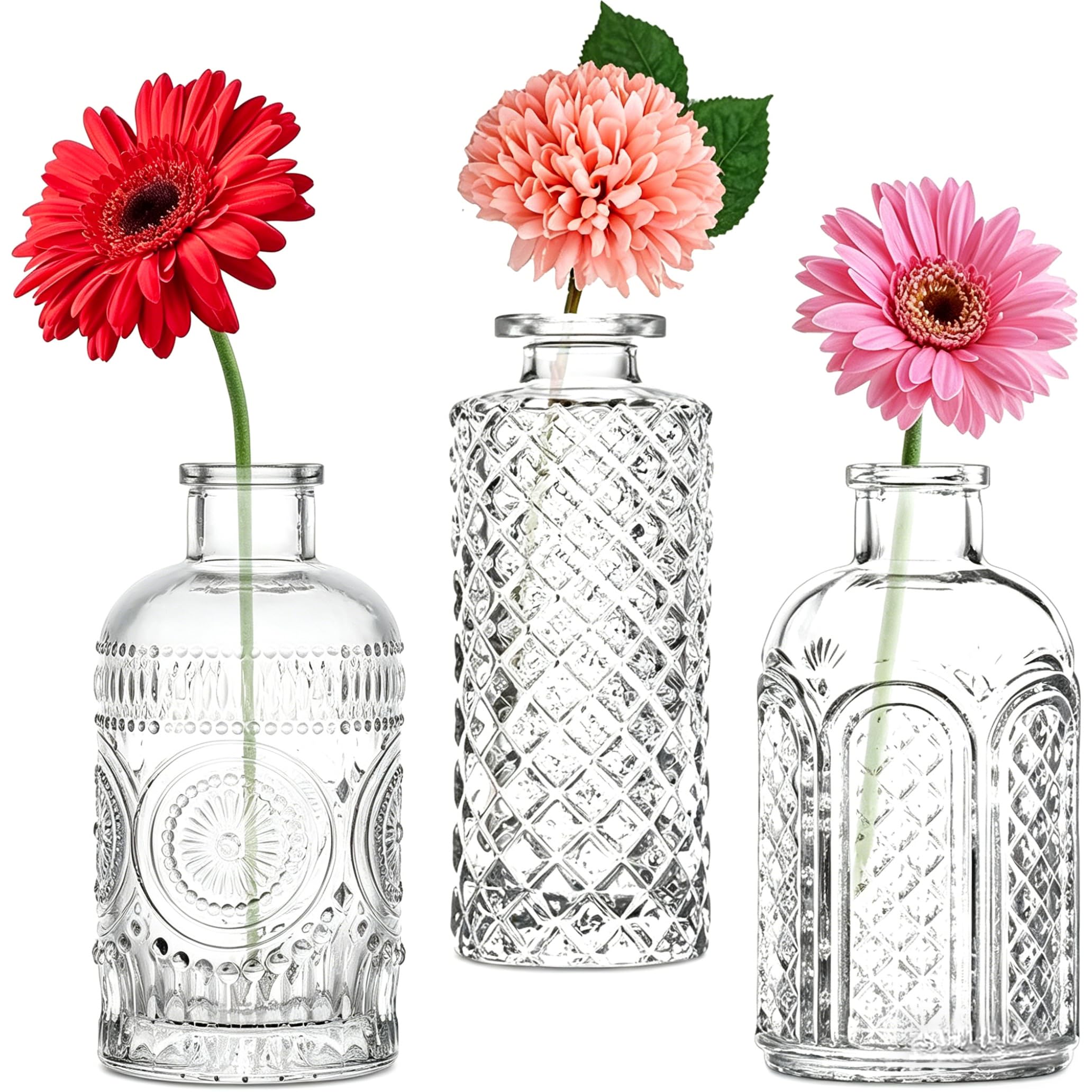 Glass Bud Vases Set of 3, Small Clear Vintage Glass Vases for Table Centerpieces, Wedding & Home Decor, Mini Flower Vase Mini Bottle for Tabletop Decor, Living Room, Party Events