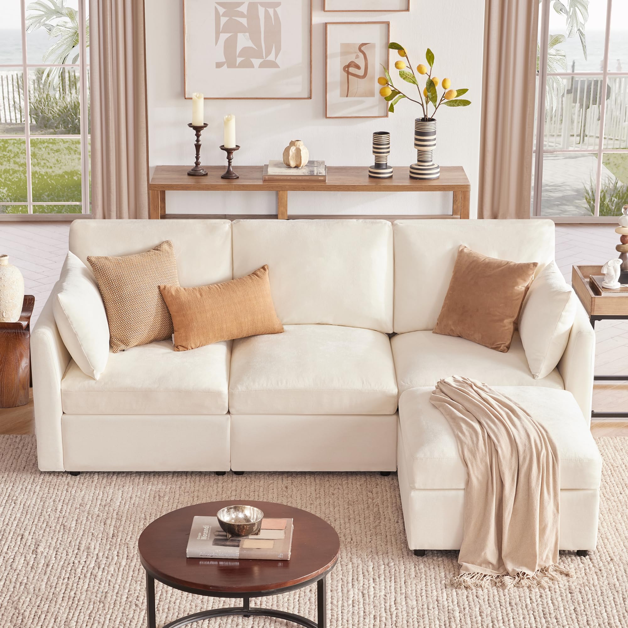 SEE DESCRIPTION Tbfit 85" Convertible L Shaped Couch, Sectional Sofa for Living Room,Chenille Cloud Couch with Ottoman 4 Seat (Beige)