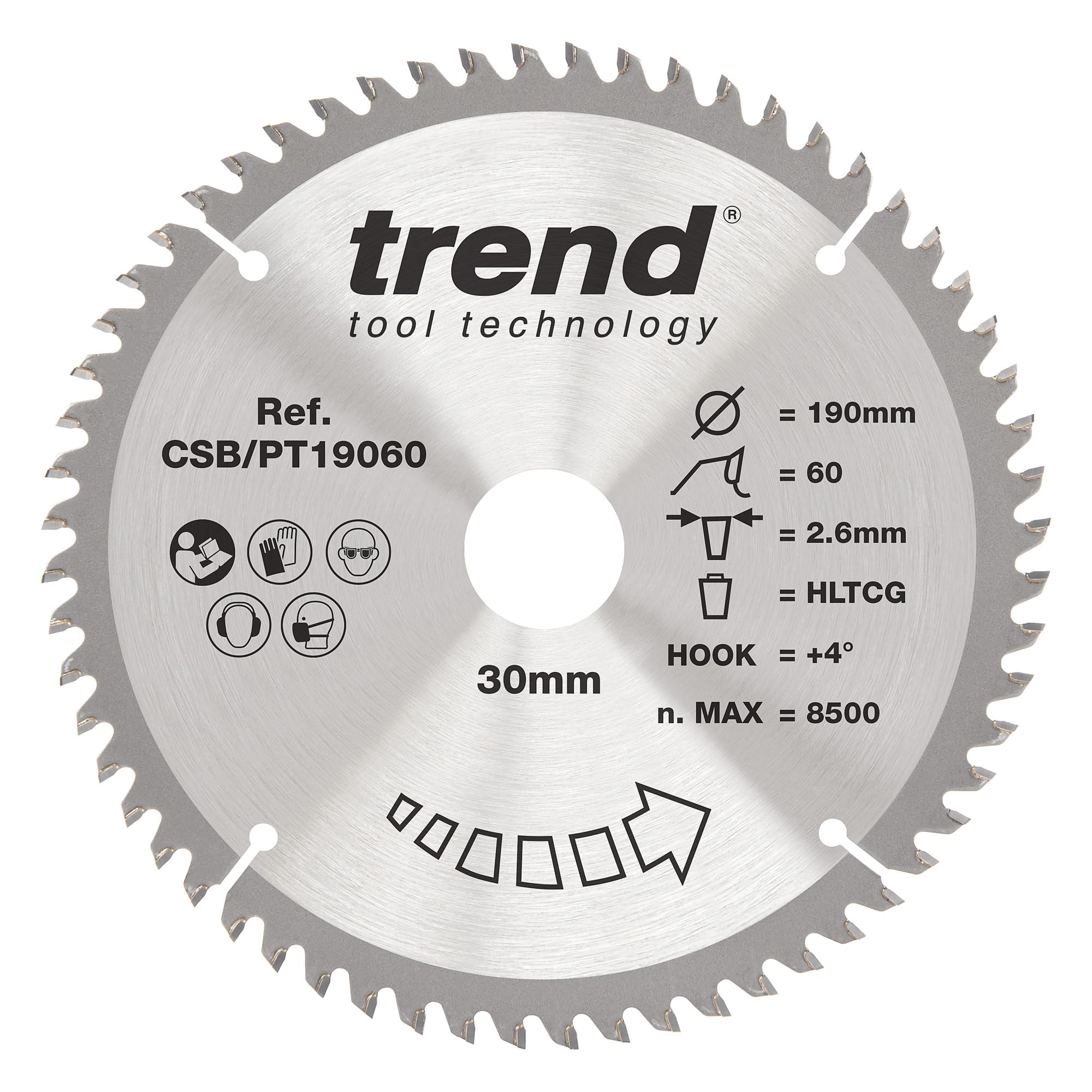 TREND Lame de scie circulaire pour stratifié et HPL, diamètre 190 mm, alésage 30 mm, 60 dents, trait de scie 2,6 mm, crochet +4°, TCT, finition, CSB/PT19060