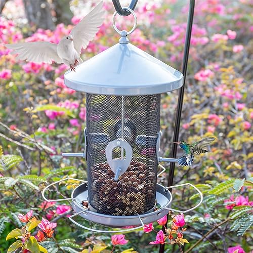 Miniatura 4 de Yinns Comederos grandes para pájaros colgantes al aire libre, comedero de malla metálica para pájaros silvestres, comedero para pájaros salvajes,