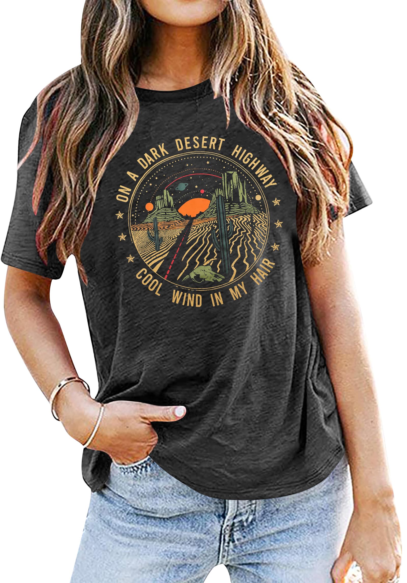 Adventure Shirts Women Retro Desert Highway T-Shirt Funny Nature Graphic Tee Casual Cotton Short Sleeve O-Neck Tee Tops