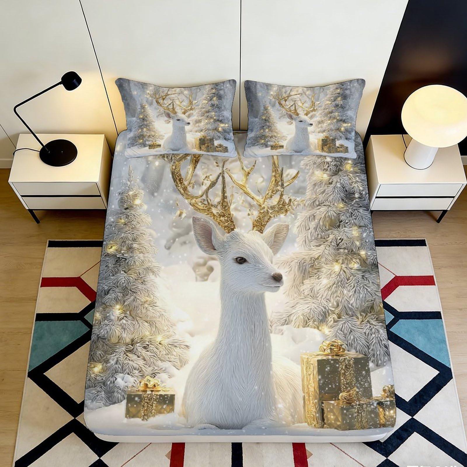 3D Printed Forest Deer Fitted Sheet Microfiber Deep Pocket Non-Slip Forest Deer Mattress Fitted Cover Washable Bedroom Bedding for Adults Teens 90x200x25cm