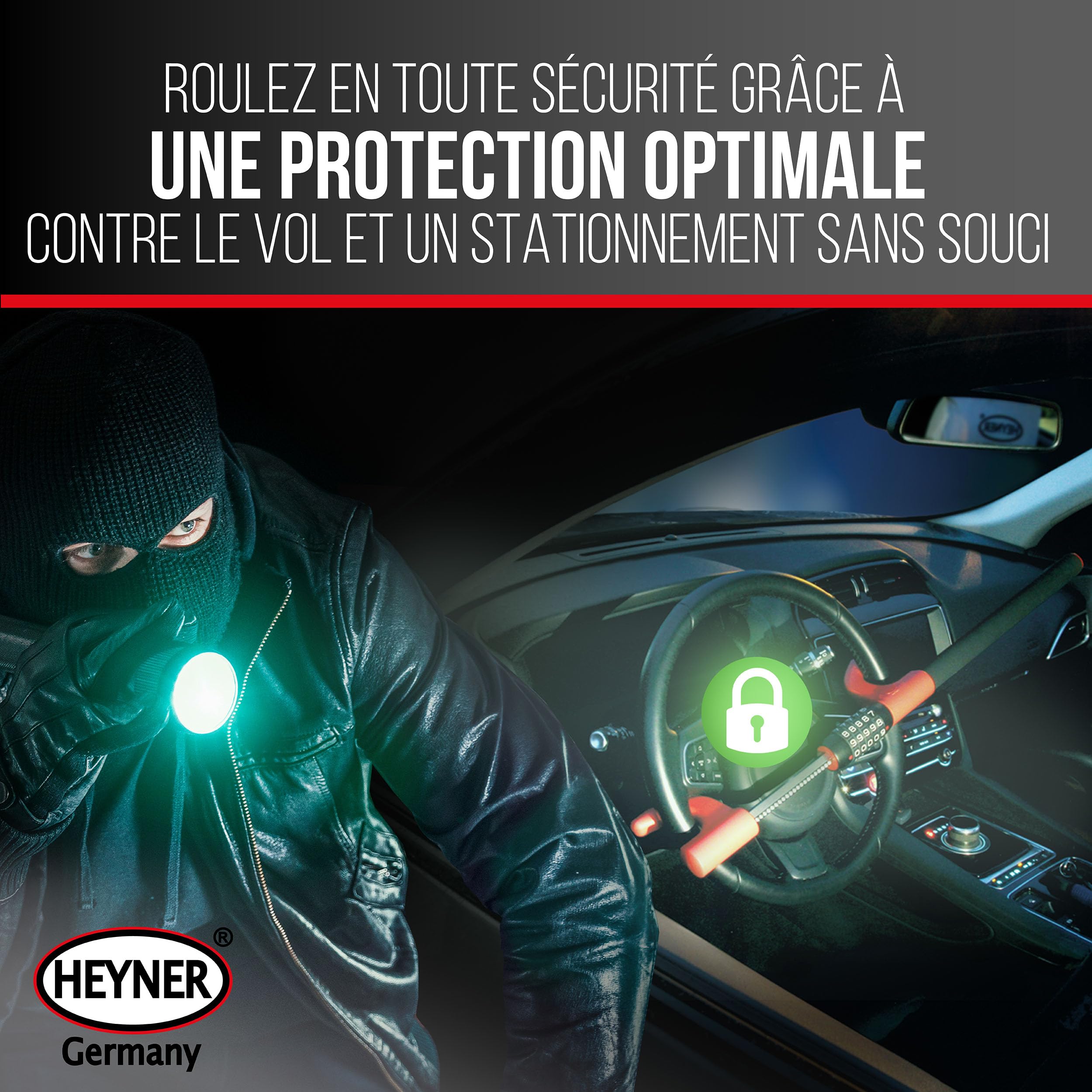 HEYNER® Verrouillage du volant, dispositif antidémarrage avec serrure à combinaison, dispositif antivol