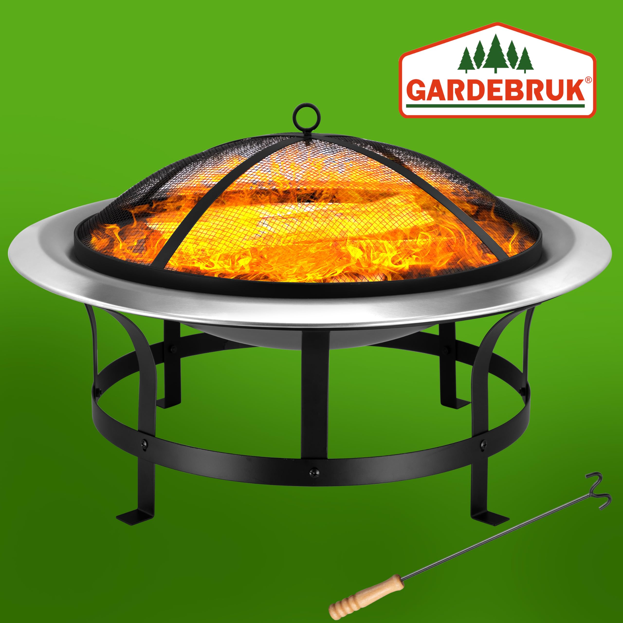 Gardebruk Braciere da Esterno Acciaio Inox Ø 75cm Ciotola da Fuoco Parascintille Attizzatoio Bracieri
