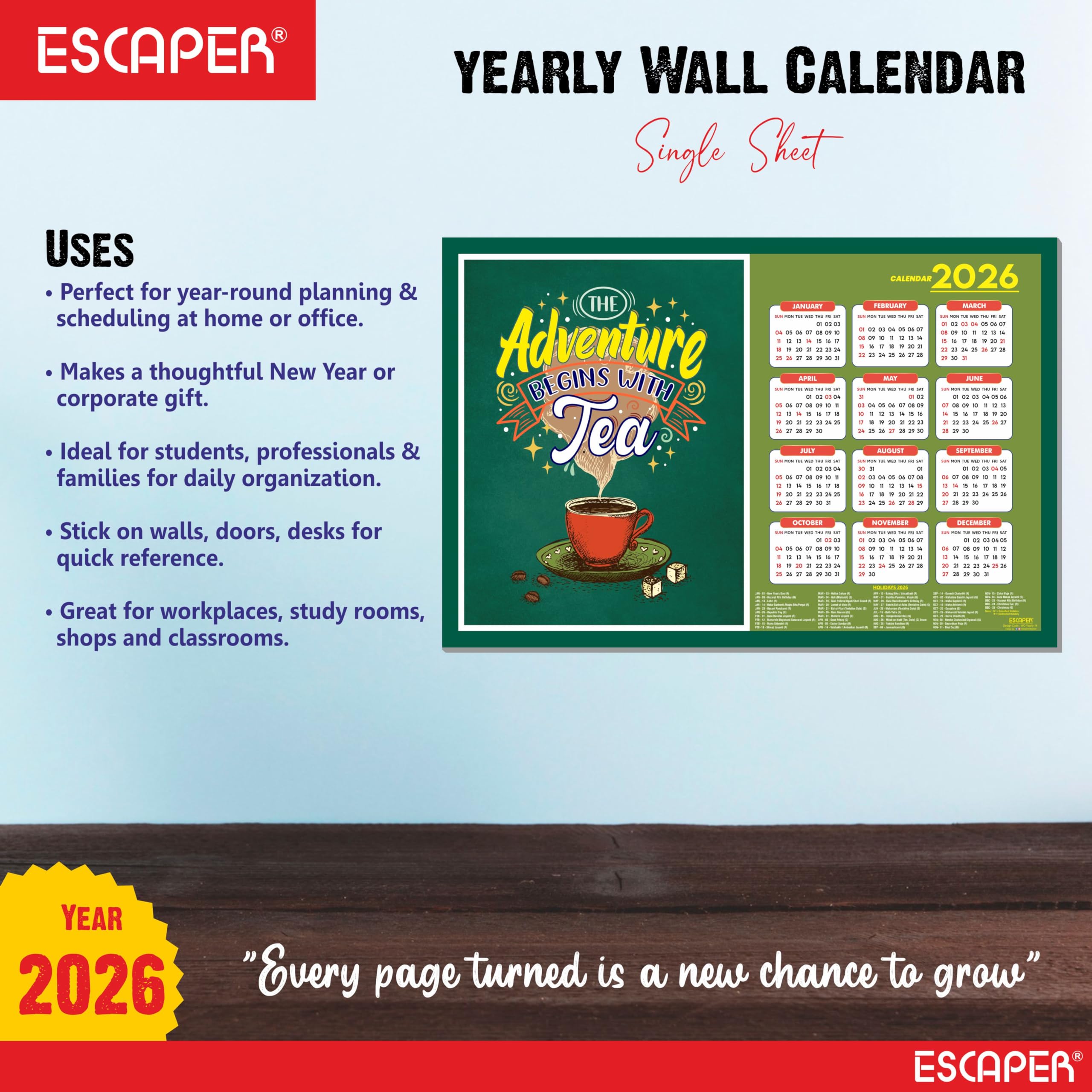 ESCAPER Tea Lovers - Calendario de pared 2026 – 12 x 18 pulgadas, papel laminado de 300 g/m², calendario autoadhesivo de una sola página para decoración de oficina, hogar y cafetería, regalo perfecto